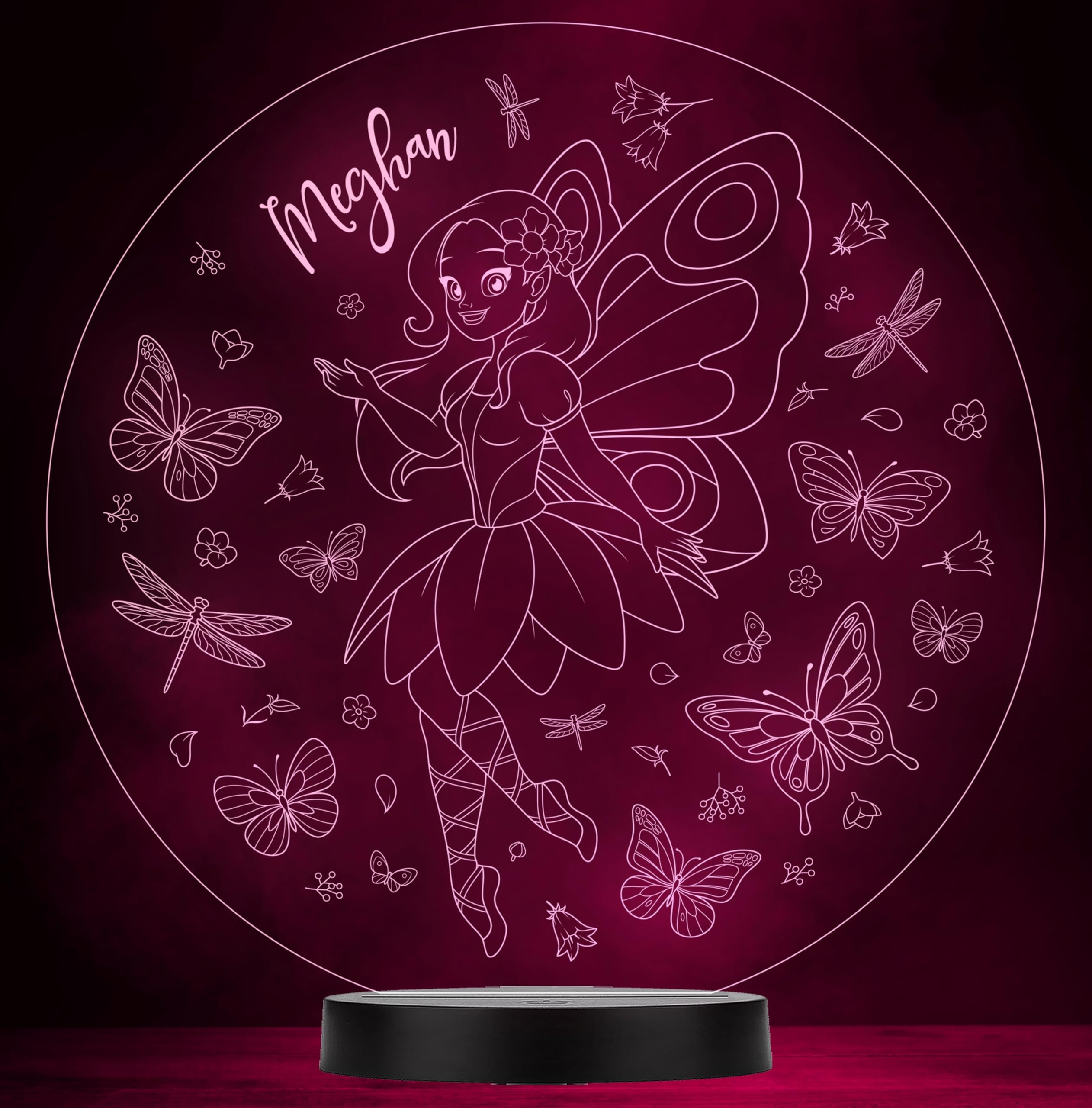 Girls Flying Fairy Butterflies Flowers Round Colour Change Lamp Night Light | Personalised Gift for Home, Lamp Room Décor | Kids & Adults Night Lights with Name | Personalised Gift for Bedroom |