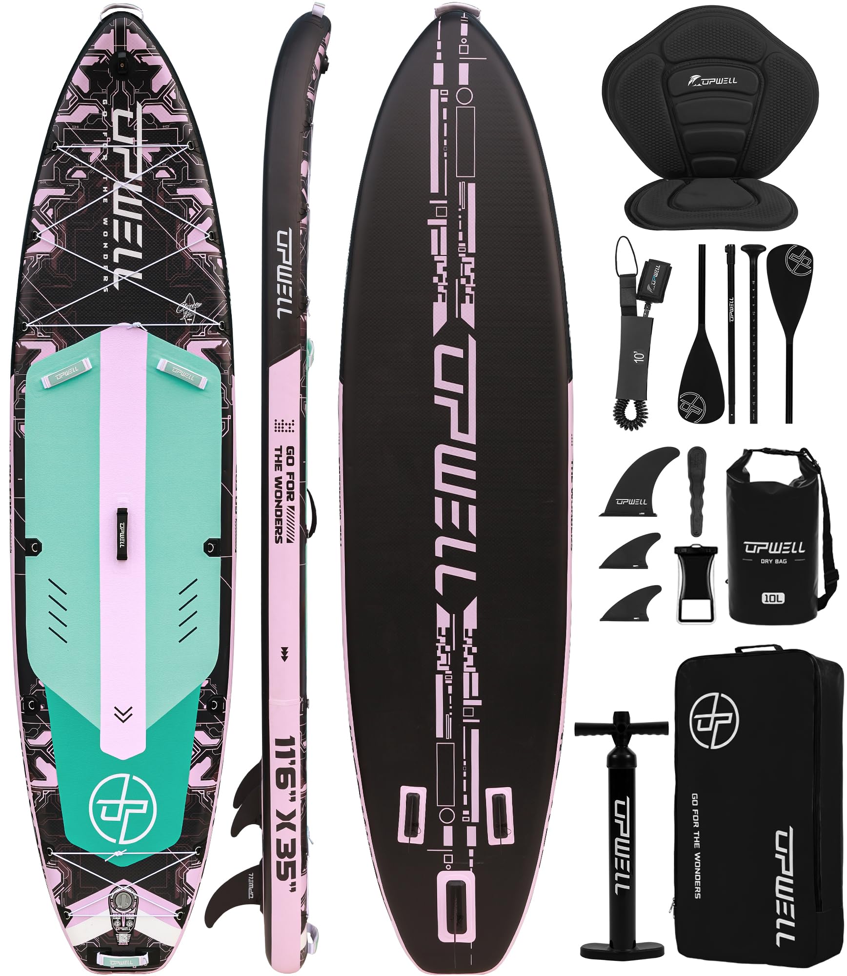 UPWELL 11'6"×35" Extra Wide Inflatable Paddle Board, Stand Up Paddle Board for Youth &amp; Adults, Stable Design, Premium SUP Accessories, 120L Backpack, 10L Dry Bag, Paddle, Leash, Hand Pump, US Fins
