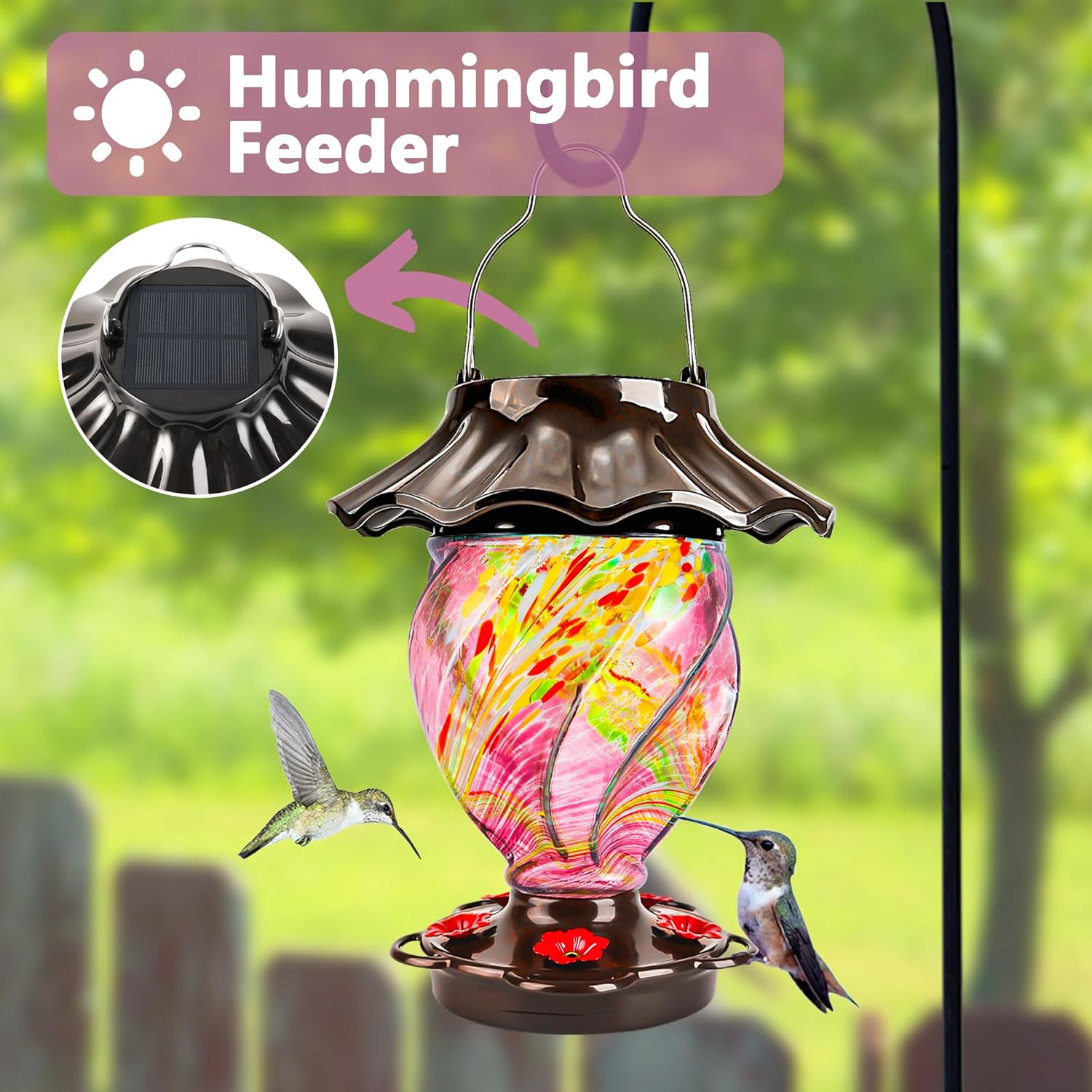 LUJII Solar Powered Color Changing Hummingbird Feeder for Outdoors Hanging, Hand Blown Glass, 35 fl.oz, Never Leak, Illuminated Lantern for Garden Decor, for Bird Lovers, Purple - Image 3