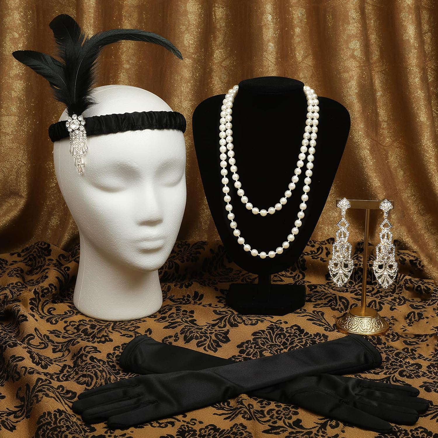 1920s Flapper Accessories Set of 4, Roaring 20s Feather Flapper Headpiece Pearl Necklace Earrings and Gloves for Party Cosplay Costume - Image 7