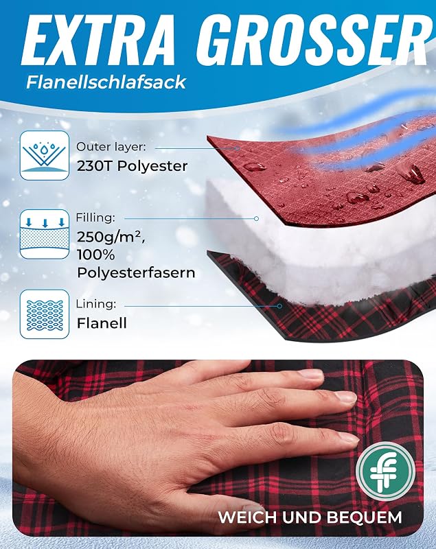 KingCamp XXL Flanel Hálózsák Felnőtteknek, Meleg Téli Kempingzsák 220x100cm