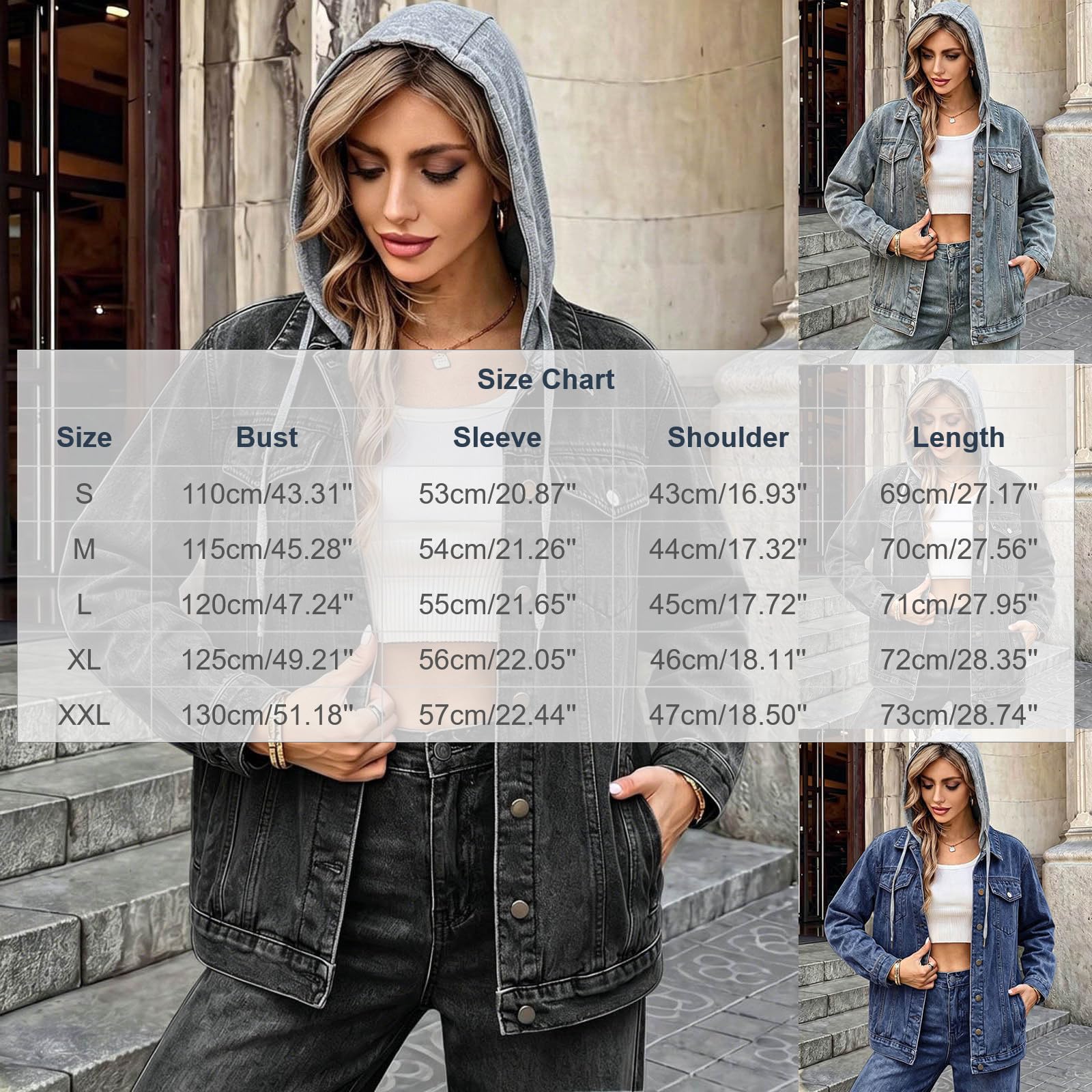 Jeansjacke Damen Sweatjacke mit Abnehmbarer Kapuze Freizeit Hemdjacke