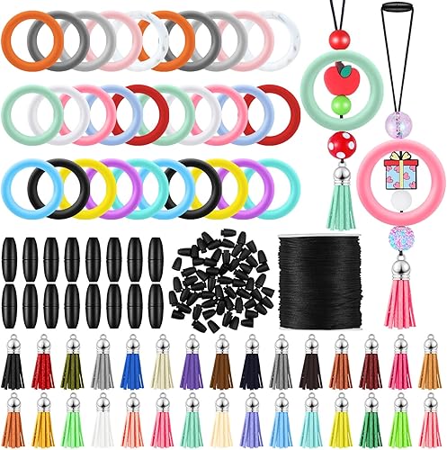 Landical 30 juegos de anillos de silicona para cuentas de 2.559 in, bucle redondo de cuentas de silicona y borlas de llavero de cuero a granel,