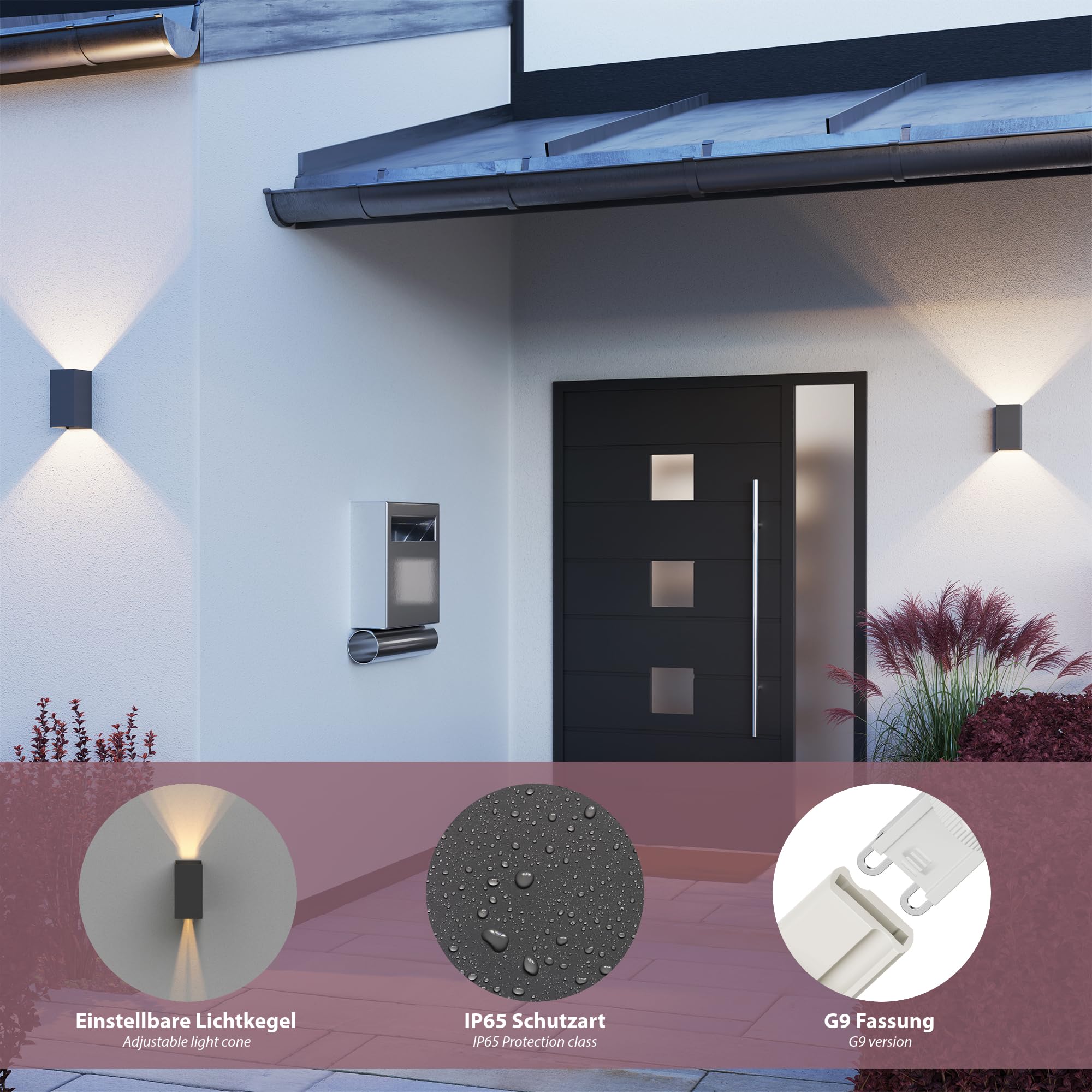 ledscom.de 4x kinkiet CUBEL do zastosowań zewnętrznych, antracytowy, IP65, oświetlenie skierowane w górę i w dół, prostokątny, w zestawie z żarówką LED, maks. 3,5 W, 485 lm, ciepła biel