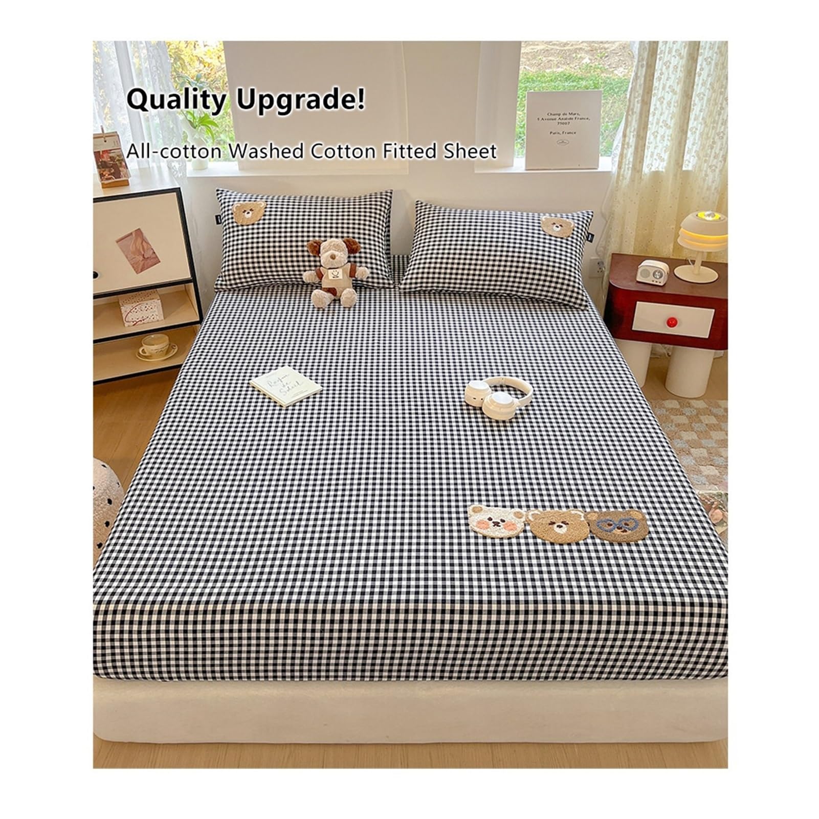 Drap-Housse 120x200cm 150x200cm 180x200cm Bonnet 24cm à Carreaux Rayés en Coton Lavé Drap de Matelas en Coton for Matelas Fin(Gray Plaid,120x200cm+48x74cm x2)