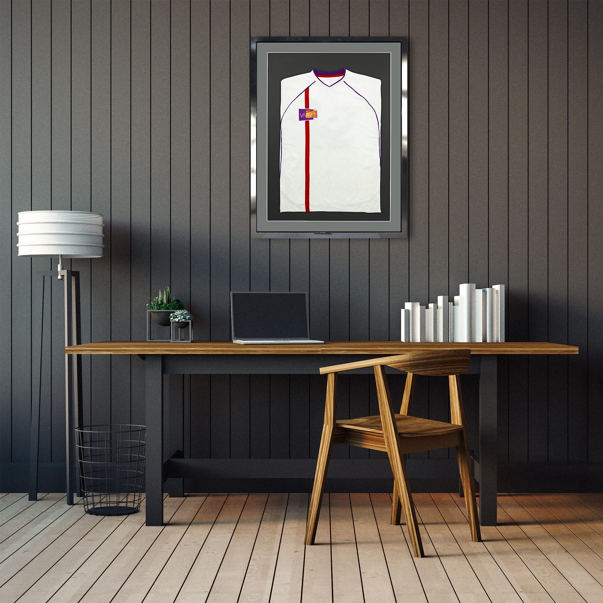 Vivarti Marco de exhibición de Camisa Deportiva montado en 3D para Camisa de fútbol, 60 x 80cm,Marco Negro Brillante, Soporte Plateado, Tarjeta Trasera Negra