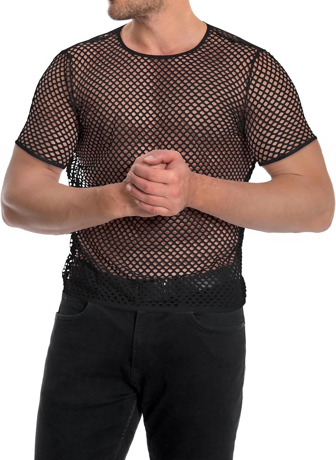 Men's Mesh Fishnet Top Short Sleeve Sheer See Through T Shirt Fitted Muscle Blouse Clubwear - Image 3