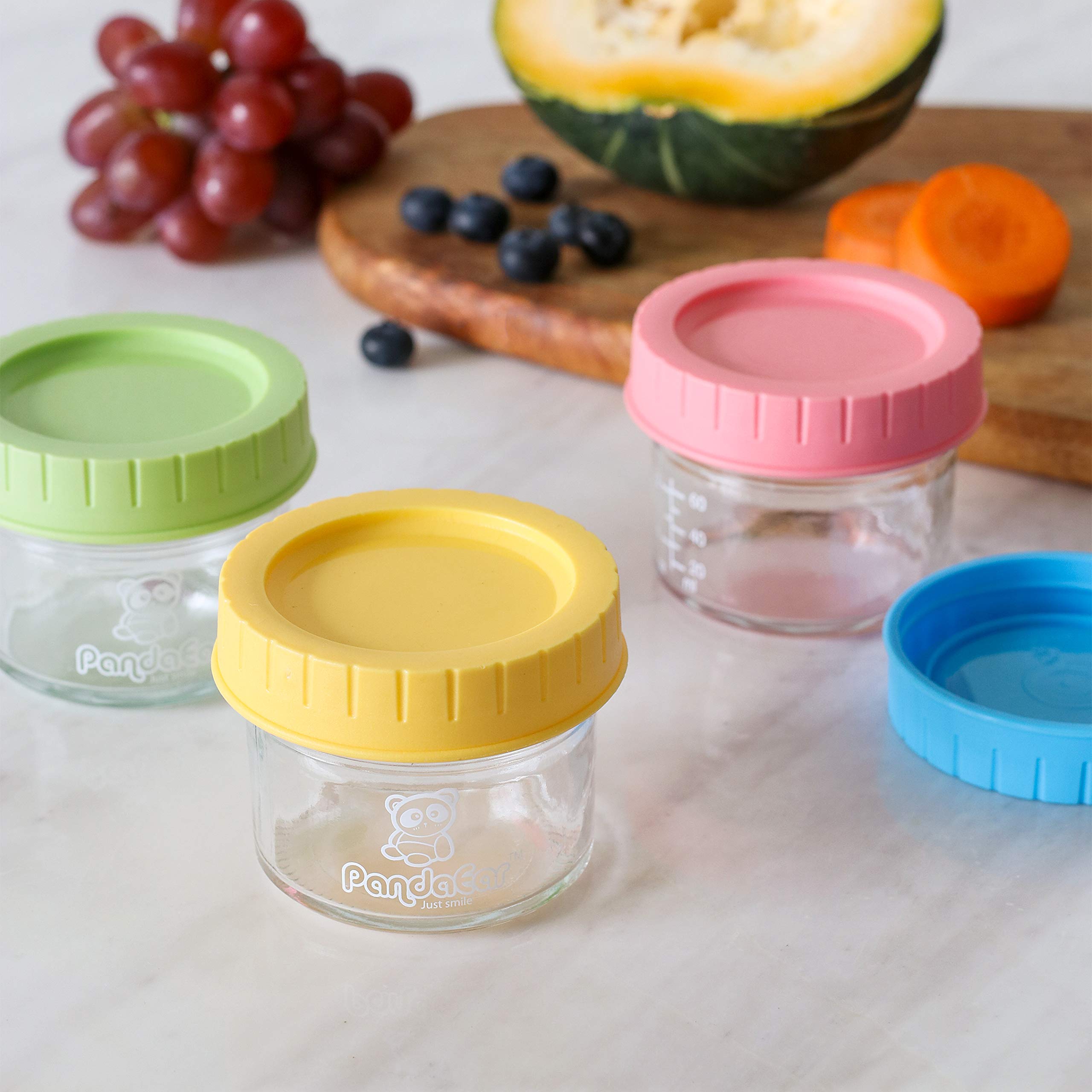 PandaEar (confezione da 12 barattoli di vetro per alimenti per bambini | Conservazione del congelatore per piccoli contenitori riutilizzabili da 4 once con coperchi ermetici a prova di perdite