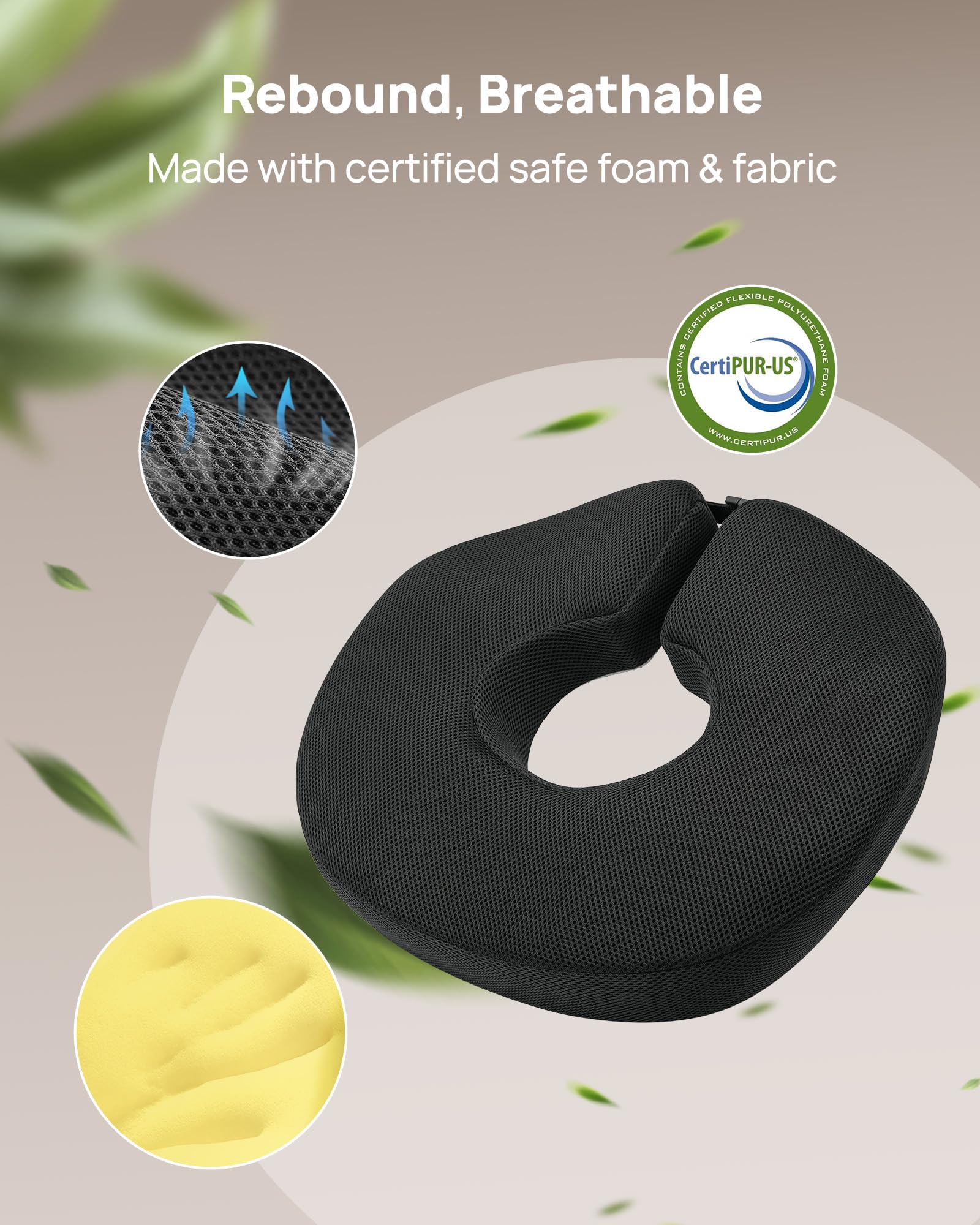 Feagar Cojín Donut Ortopédico Espuma Viscoelástica Hemorroides Postnatal | Alivio Para Coxis Y Ciática Con Funda Lavable Para Asiento De Coche, Silla De Ruedas, Silla De Oficina, Gaming Y Viajes