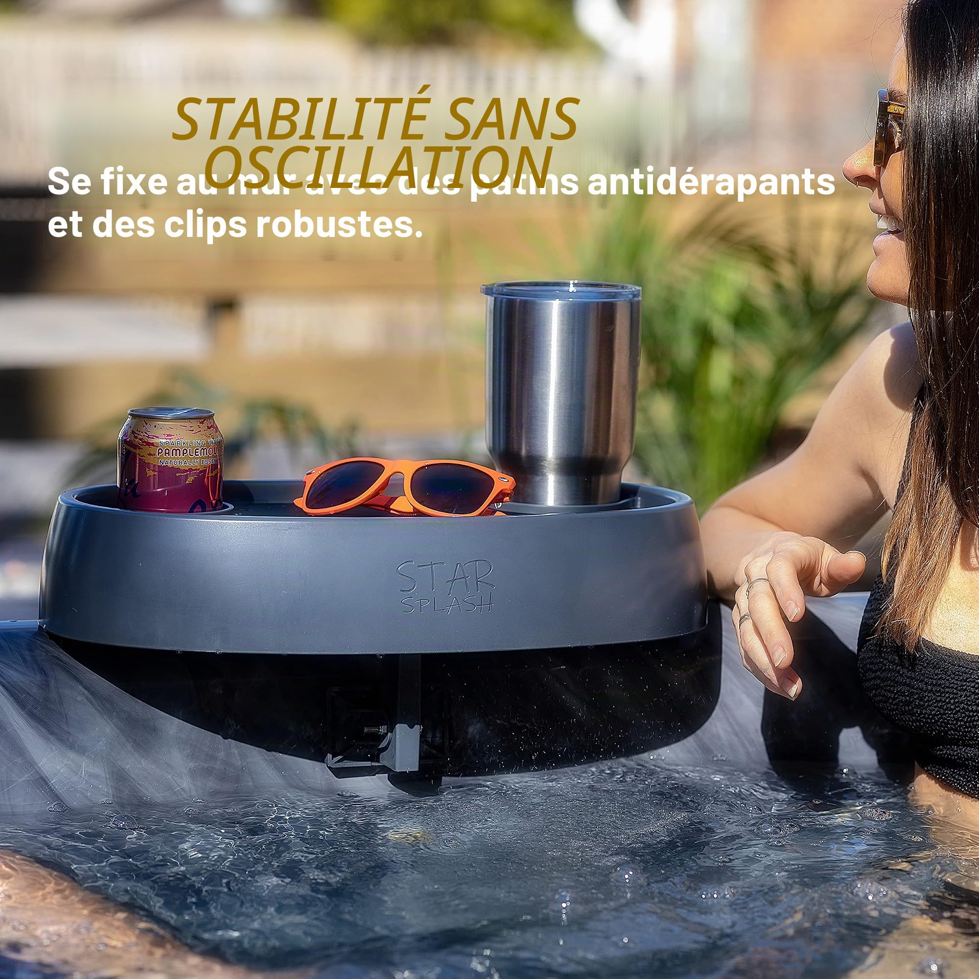 Star Splash Plateau Réglable pour Jacuzzi - Table d'Appoint Antidérapante & Robuste avec Porte Verres - Se Fixe sur Les Rebords de Baignoire, Bain à Remous Hors Sol & Spa - 43 x 25 x 10 cm