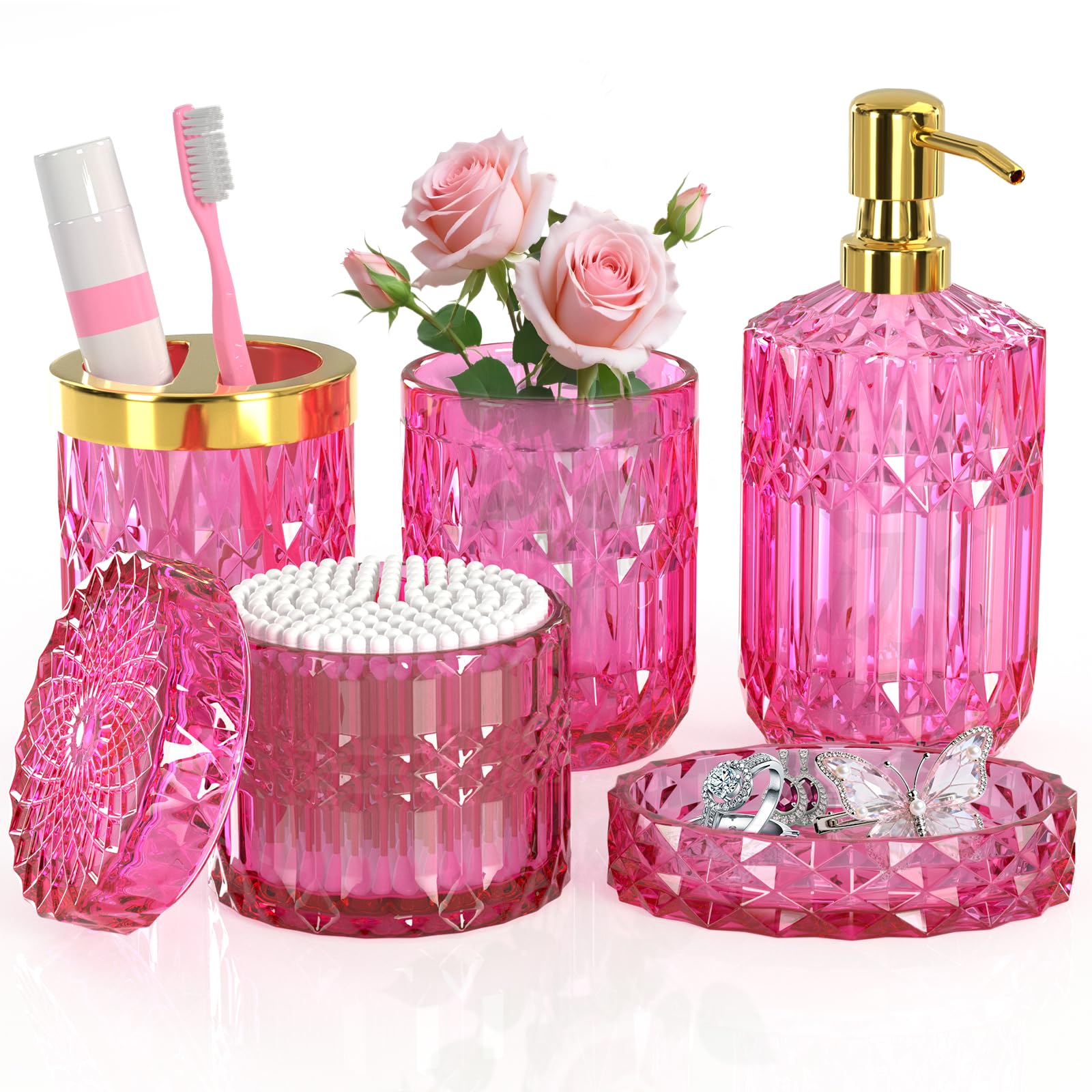 QIQU 5-Piece Hot-Pink Glass Bathroom Accessories Set