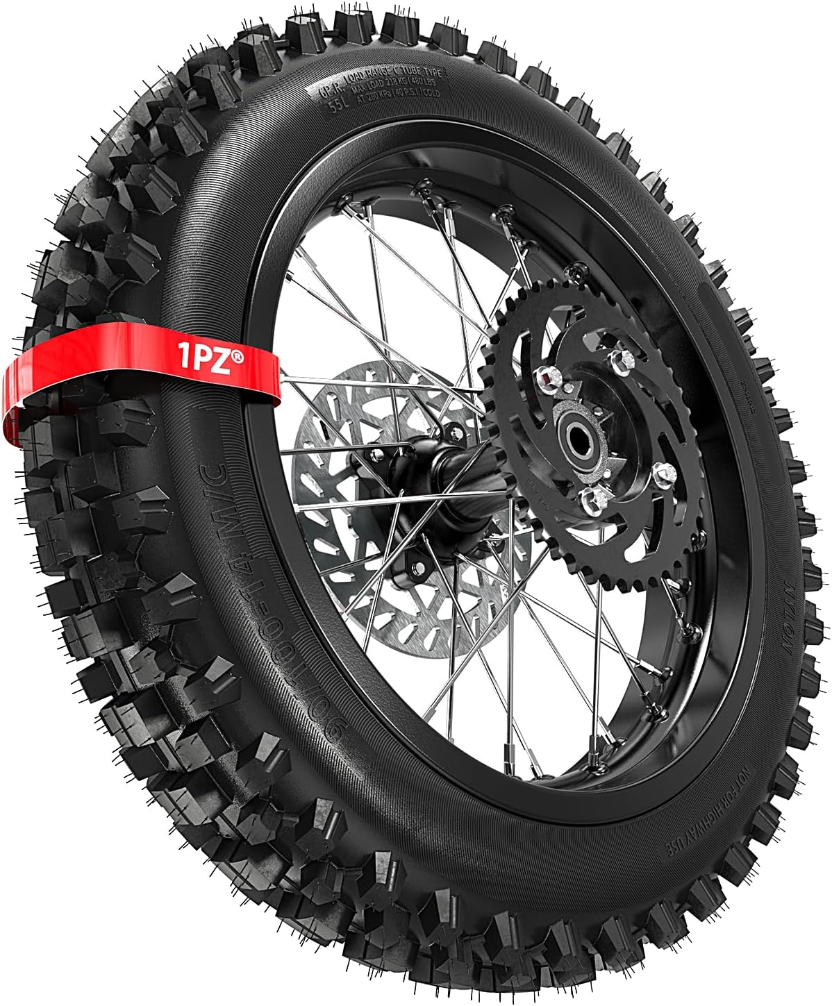 1PZ WR2-SNX 12mm Axle 14" Rear Wheel Rim Tire Assembly 90/100-14 Tire Replacement for 125cc 140cc 150cc 160cc Pit Dirt Bike KLX65 Apollo Kayo TT 125 140 Includes Brake Rotor and 480-41T Sprocket
