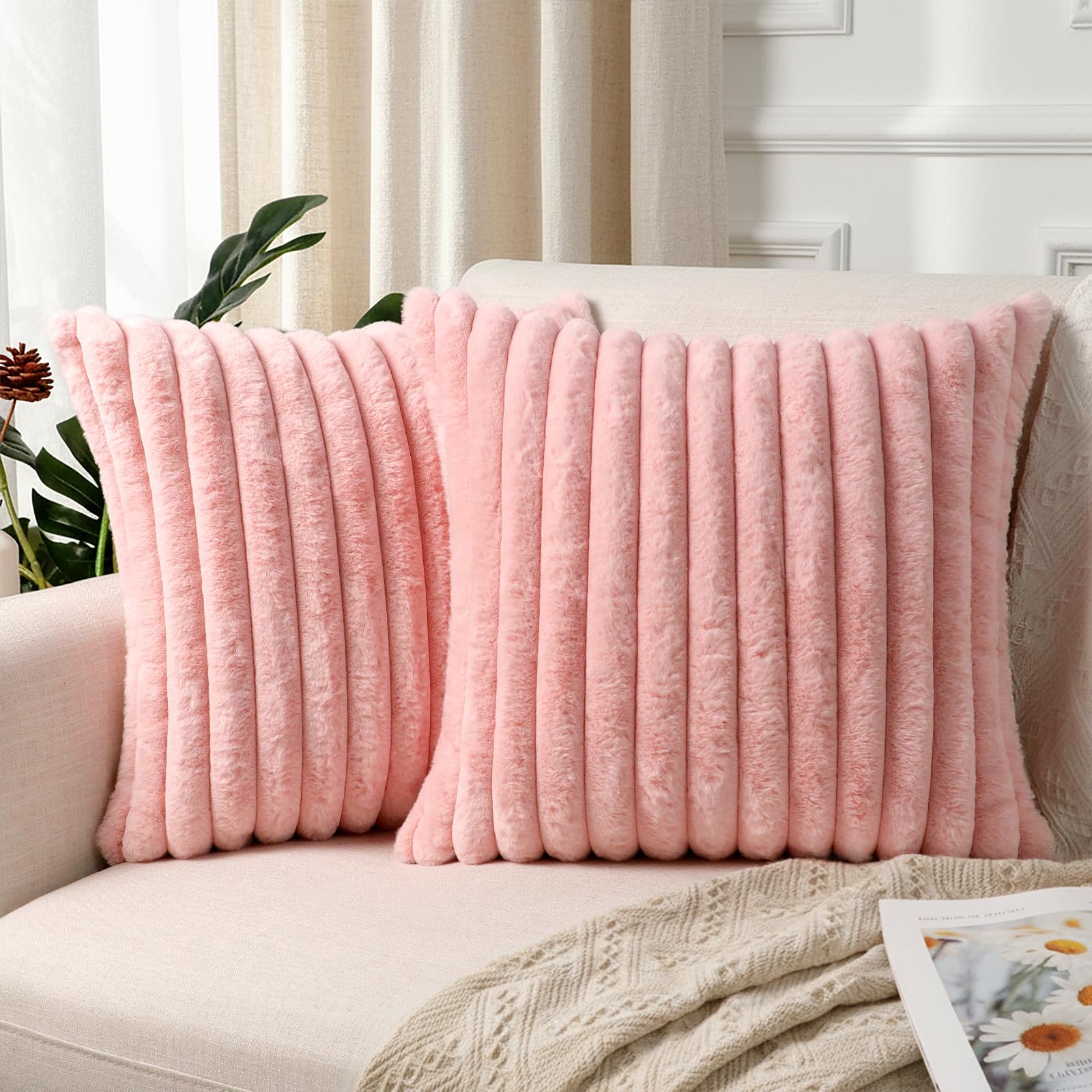 Faylapa Pack of 2 Decorative Throw Pillow Covers Faux Fur Plush Valentines Pillowcases Soft Fluffy Striped 18x18 Inch Pillow Cases for Couch Sofa