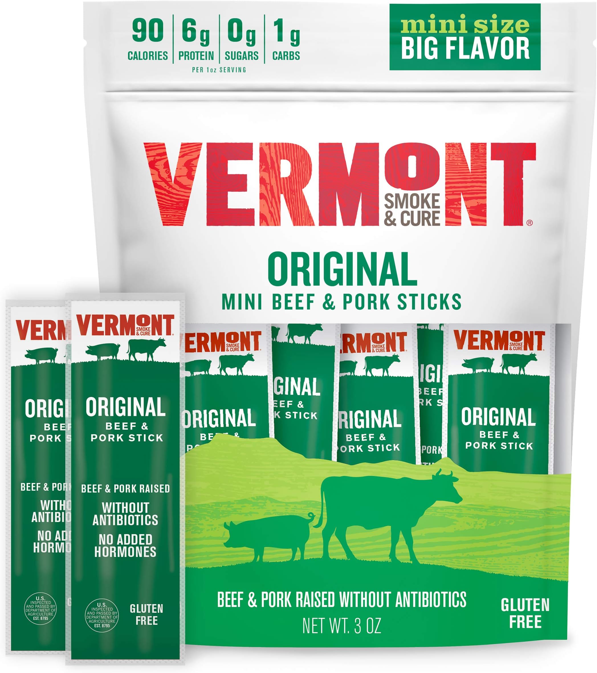 Vermont Smoke and Cure Original Mini Meat Stick Go Pack, Beef & Pork, Antibiotic Free, Gluten Free, (Packaging may vary), Cracked Pepper Beef & Pork, 0.5 Ounce (Pack of 6), 3 Ounce