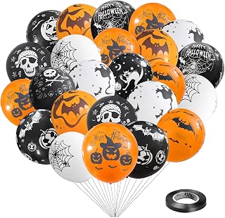 Halloween Balloons with Ribbons, 60-Pack, Orange Purple and Black Latex Balloons for Halloween Party Decorations, 12-Inch, Perfect for Spooky Party Decor, Haunted Houses, Trick or Treat Events