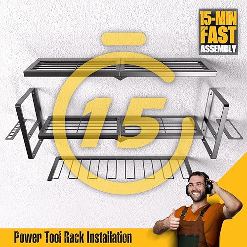 Miniatura 16 de Organizador de herramientas eléctricas, soporte de pared, estante de almacenamiento de 3 capas con 4 soportes para taladro, estante
