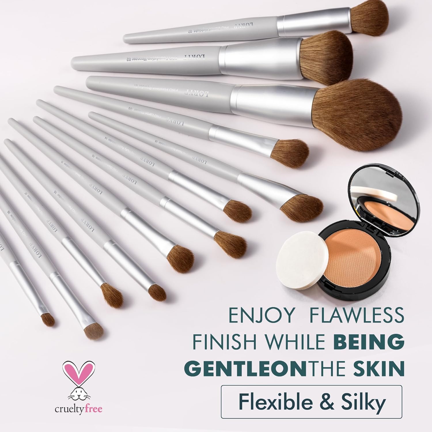 LORYP Makeup Brush Set Soft Vegan Professional Cosmetic Brushes for Face & Eyes Gray 20 Pcs Full-Size