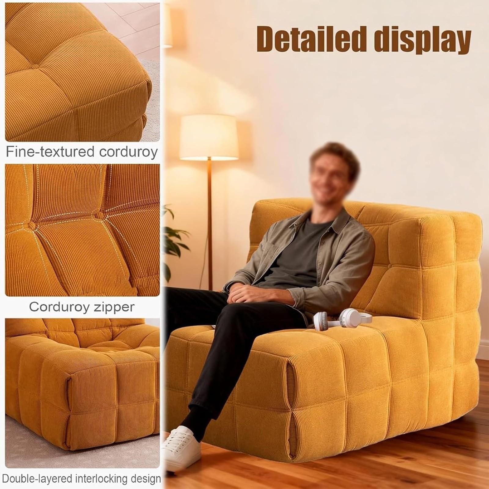 Komprimiertes Sofa, fauler quadratischer Stuhl, weicher Cordstoff, bequemes Bodensofa für Wohnzimmer, Schlafzimmer, Büro, vielseitiger Freizeitsitz (Einzel) – perfekt für Entspannung