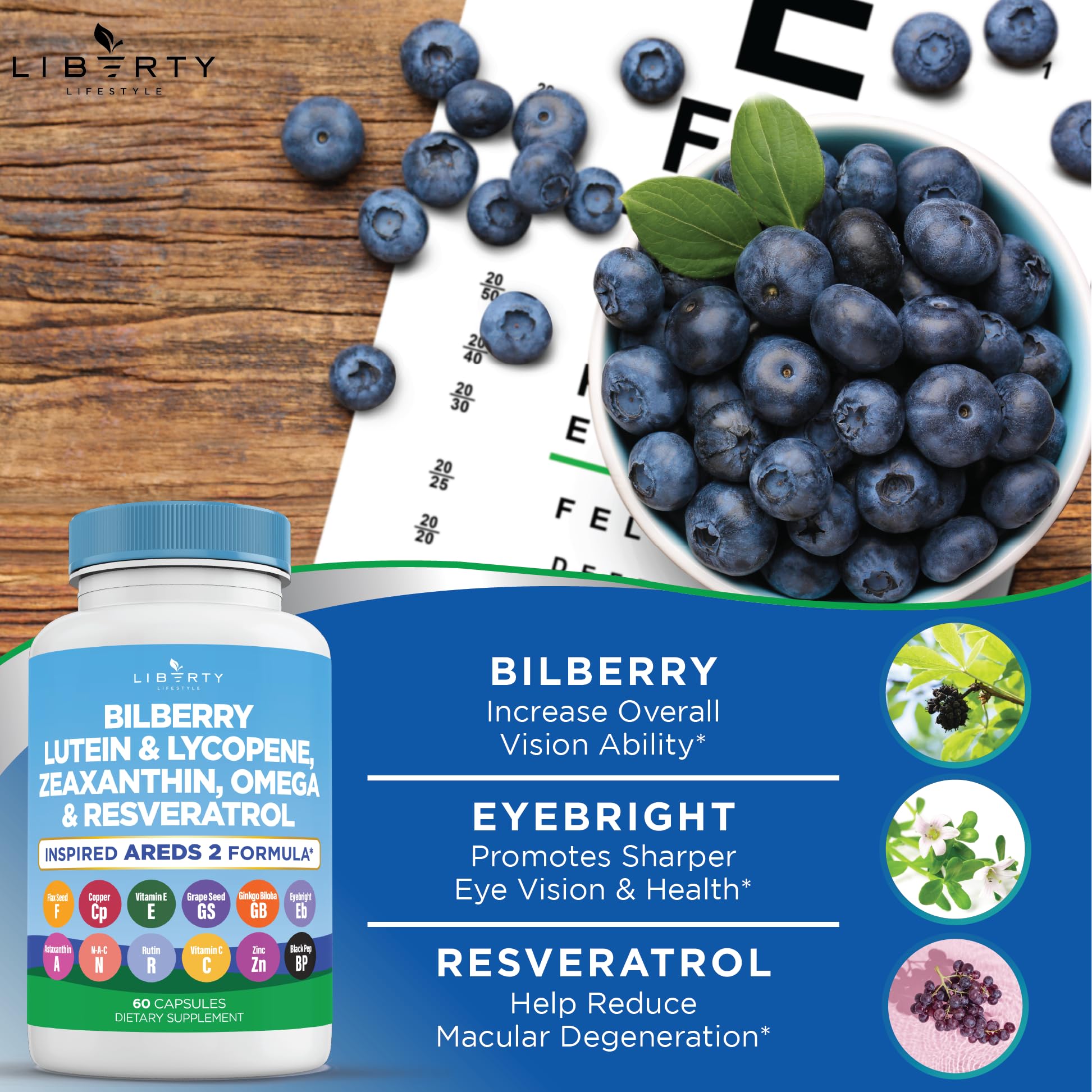 Liberty Lifestyle Eye Health Vitamins with Bilberry, Lutein & Zeaxanthin, Lycopene, Resveratrol, Grape Seed Extract, Flaxseed Astaxanthin- AREDS 2-120 Capsules — Amazon image 6