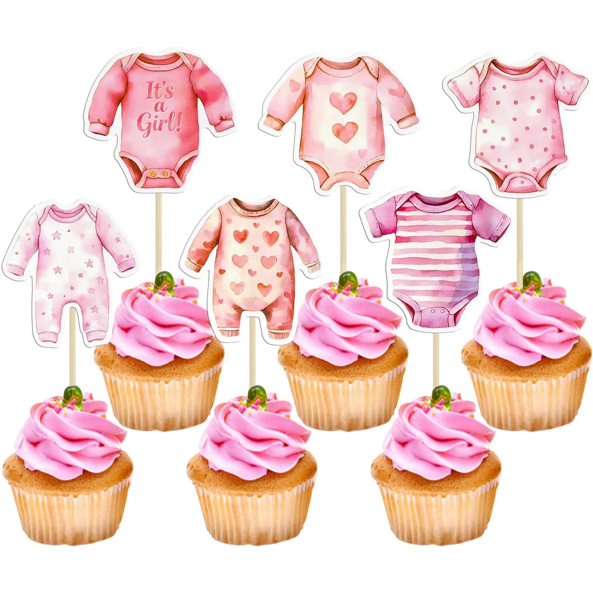 Ephlyn 36Pcs Bodysuit Cupcake Toppers Baby Girl Cupcake Picks It's a Girl Jumpsuits Gingham Theme Party Decorations for Girls Birthday Gender Reveal Baby Shower Party Decorations Supplies Dark Pink