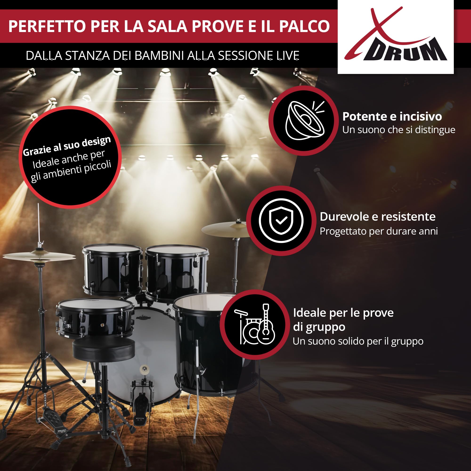 XDrum Rookie 22" Standard Batteria Completa Black - Ideale per Principianti - Hardware Elegante in nero - Incl. Bacchette 5B, Istruzioni di Montaggio e Scuola di Batteria - Nero
