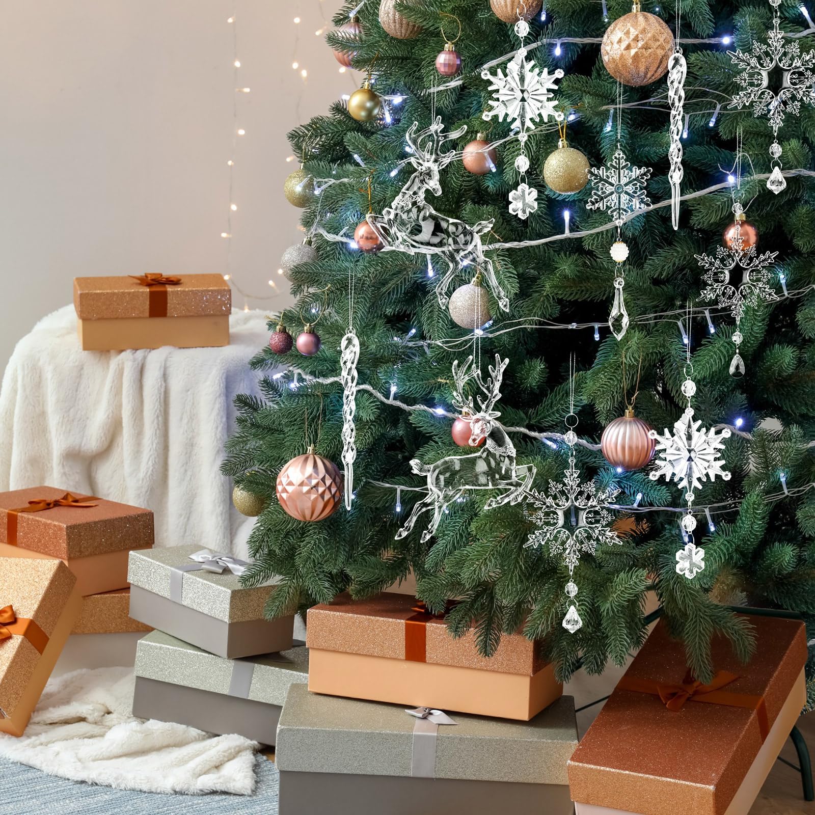 Menkxi Adornos de cristal de Navidad, adornos de Navidad acrílicos para decoración de árbol, copos de nieve transparentes, diferentes tamaños, carámbanos, ciervos para colgar en Navidad, invierno, al