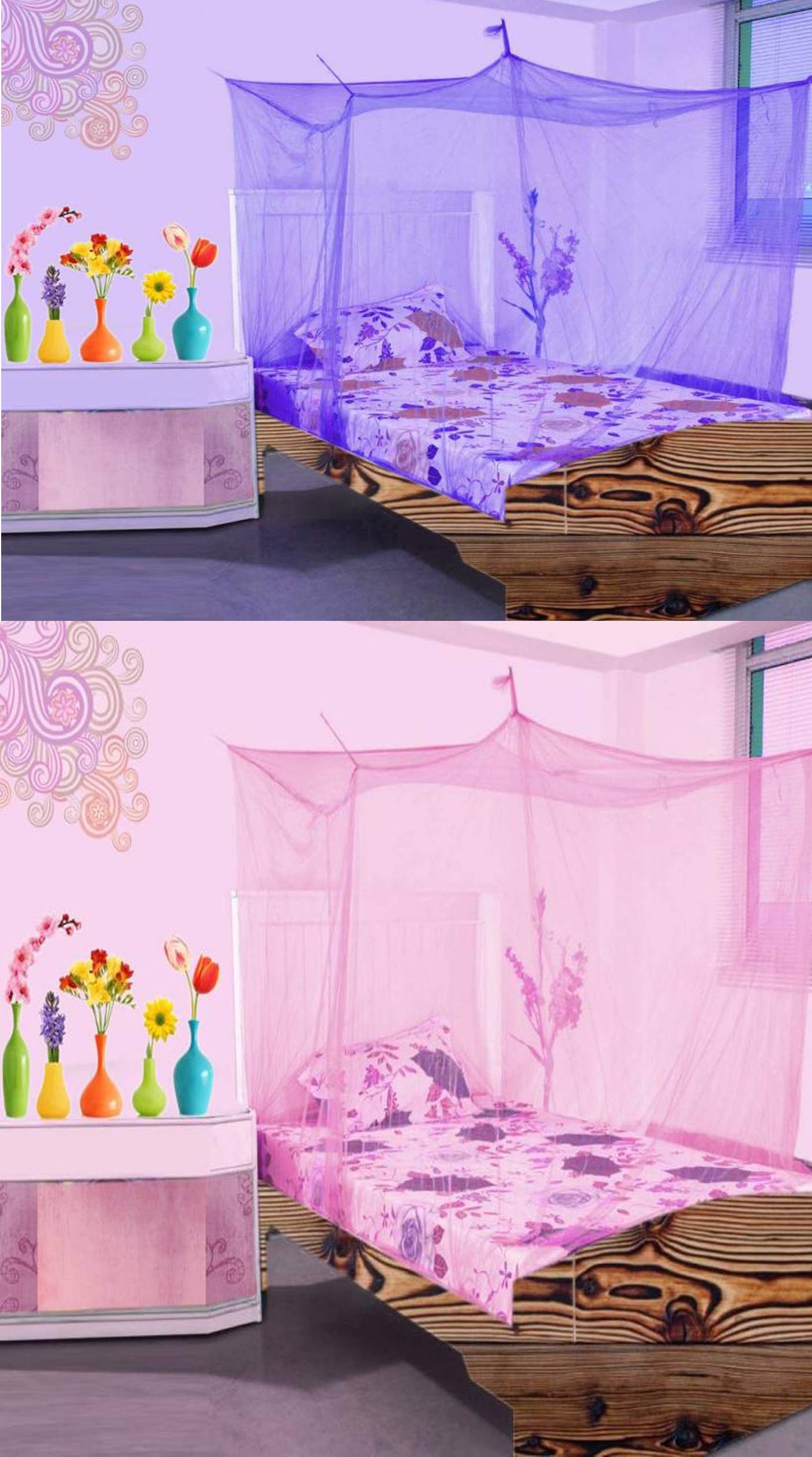 HOT DEALZZ Poly Naylon Mosquito Net for Home, Living Room (Purple & Light Pink,Single Bed (3 x 6))-Pack of 4