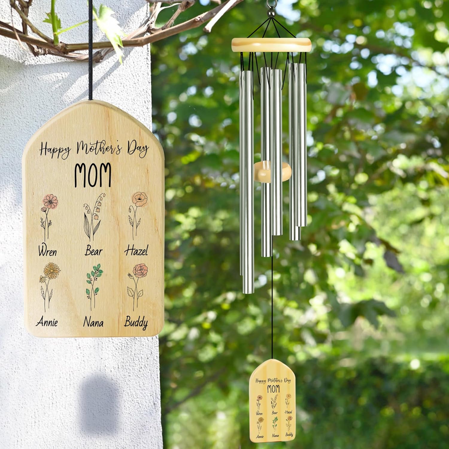 Mothers Day Wind Chime, Zmoicky Personalized Mom Gifts for Mothers Day, Mother's Day Presents, Birth Flower Gifts for Mom - Happy Mother's Day