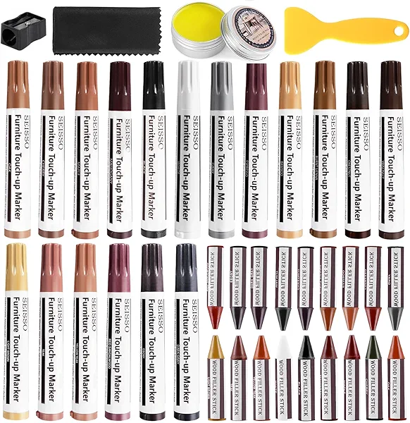 SEISSO Furniture Repair Kit, 18 Colors Touch Up Markers and Wood Filler Sticks with Wood Polish Wax - Furniture Touch Up Kit Cover Up Scratches, Stains, Holes for Wooden Table, Cabinet, Floors, Door