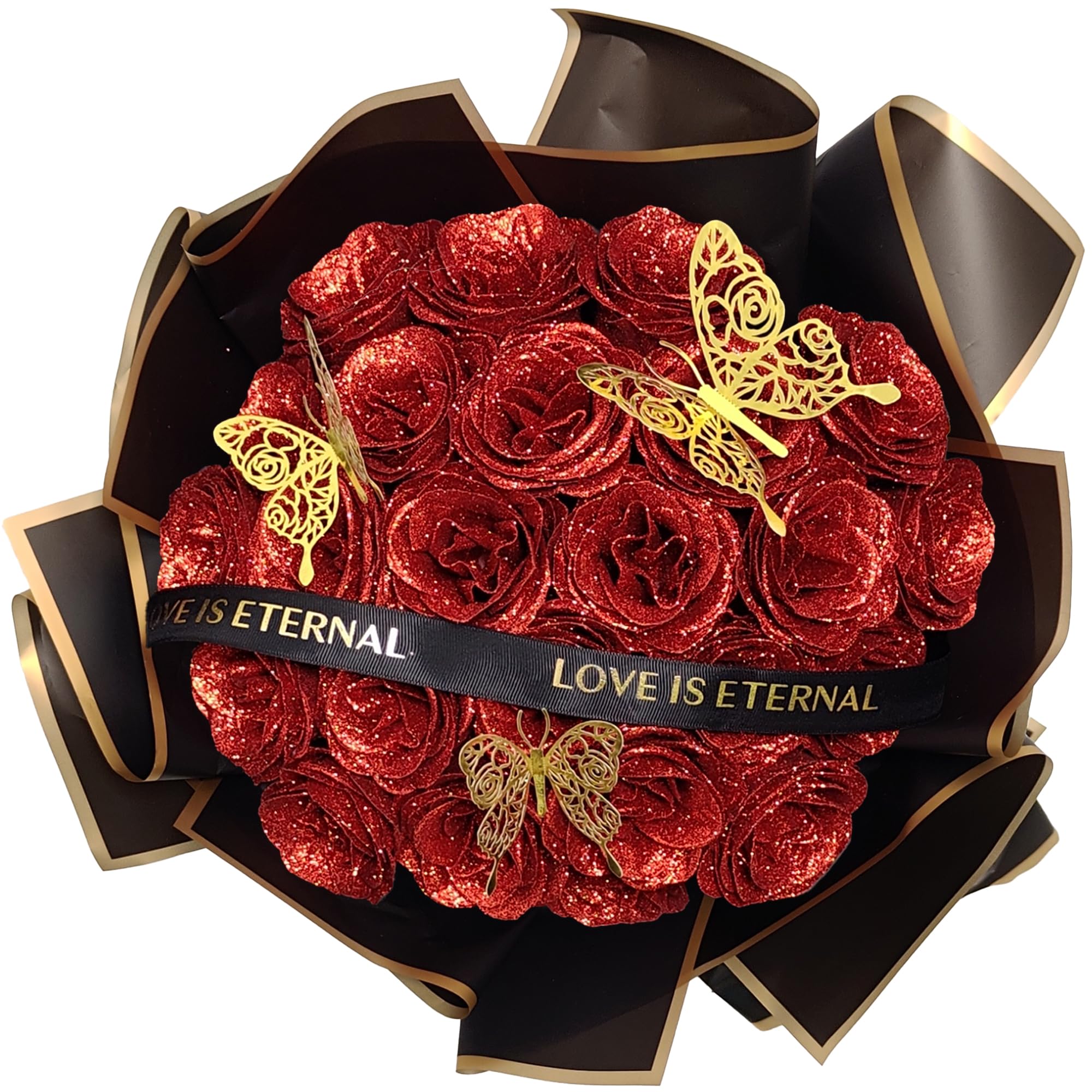 DIY Glitter Rose Flower Bouquet Birthday Day Gifts for Women Mom Grandma Wife Her - 24pcs Red Eternal Roses Bouquet with Butterfly Fake Forever