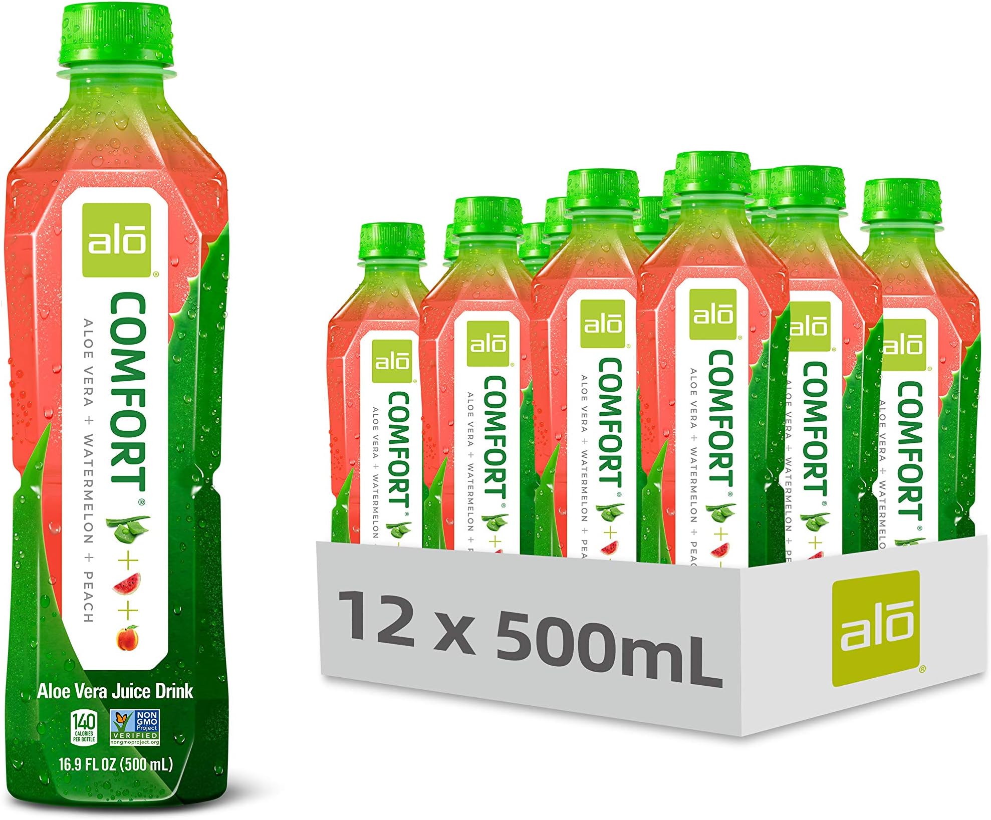 Alo Comfort Watermelon and Peach Aloe Vera Juice Drink, 16.9 Fluid Ounce - 12 per case.