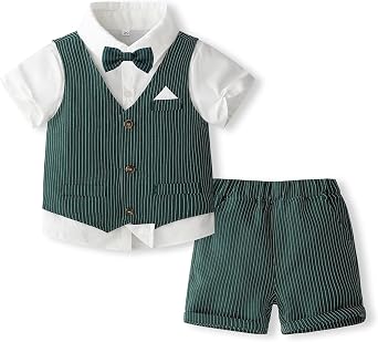 Boys 3Pcs Clothing Sets Short Sleeve T-Shirt with Vest,Short Pants and Bowtie,Boys Gentleman Outfit
