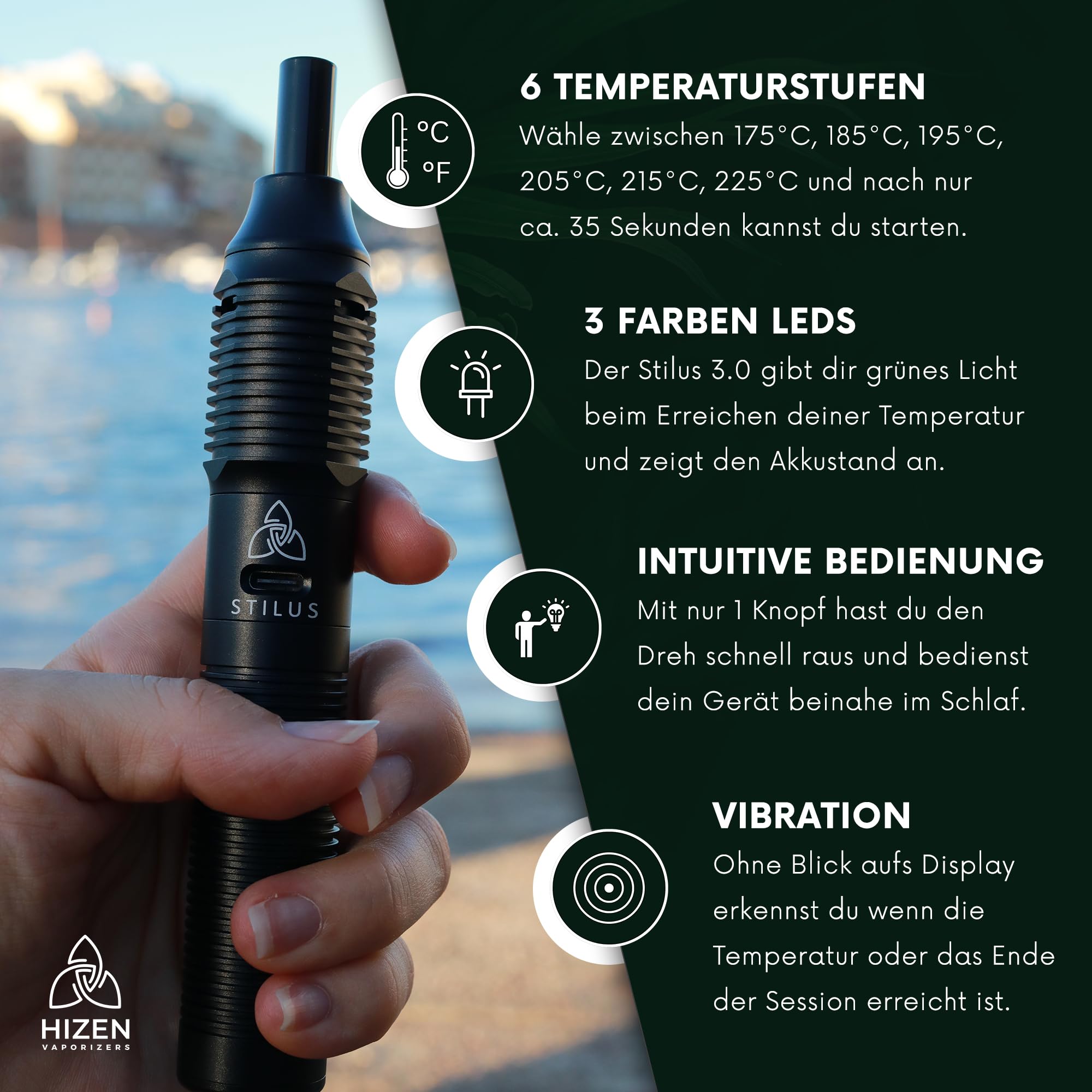 HIZEN Vaporizer Stilus Mini + Glasbong Starter Set - Verdampfer für Kräuter, Konduktion Kräuterverdampfer mit USB-C, Aluminium Gehäuse, modular erweiterbar - nikotinfrei