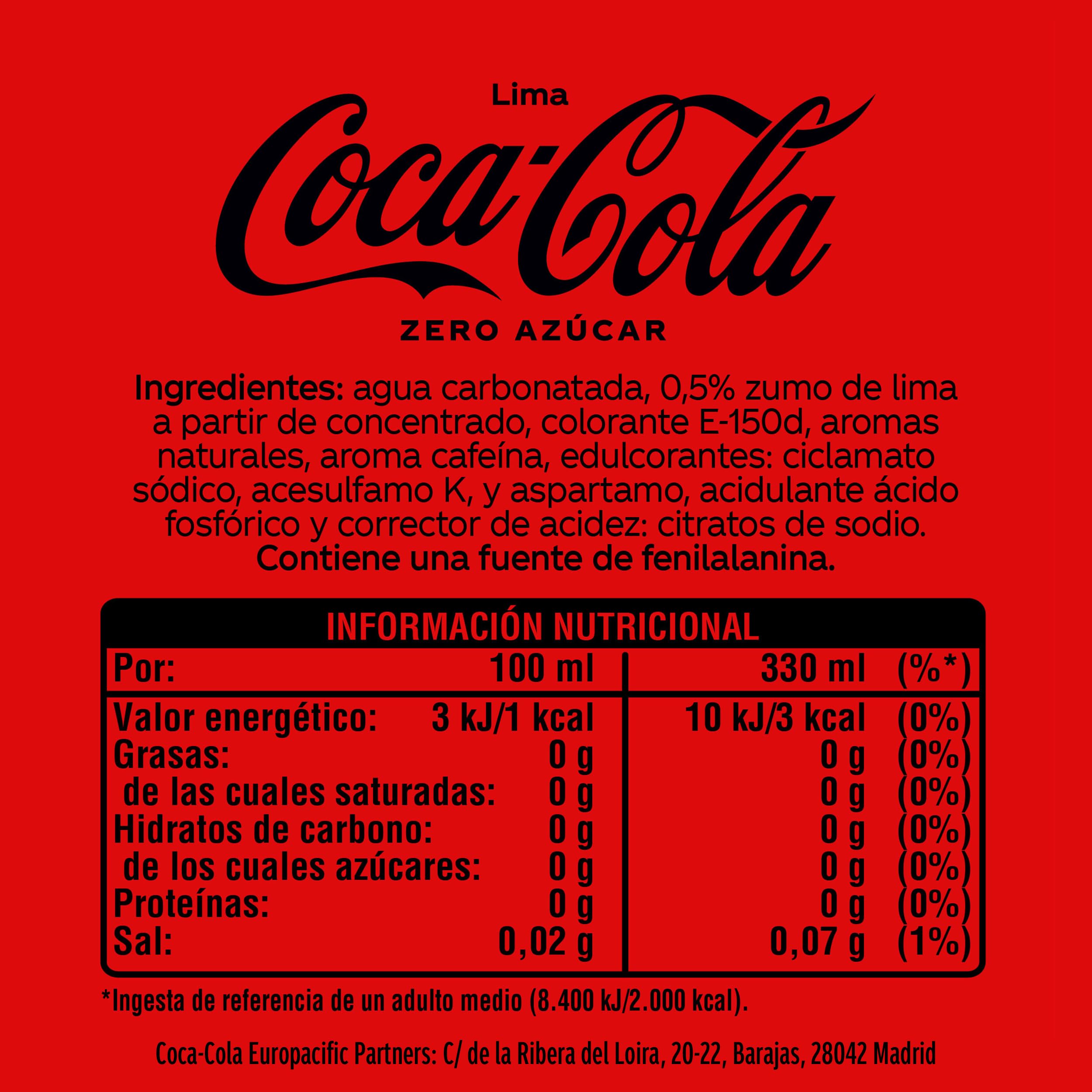 Coca-Cola Zero, Refresco de Cola Sabor Lima - Pack 24 latas de 330 ml
