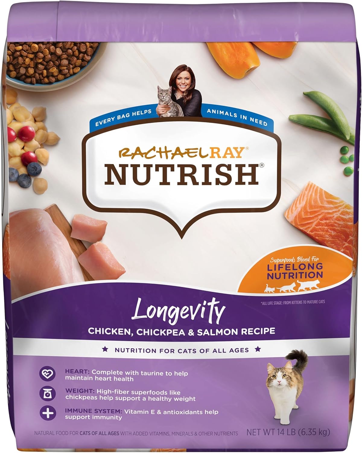 Rachael Ray Nutrish Longevity Premium Natural Dry Cat Food, Chicken with Chickpeas & Salmon Recipe, 14 Pounds (Packaging May Vary)