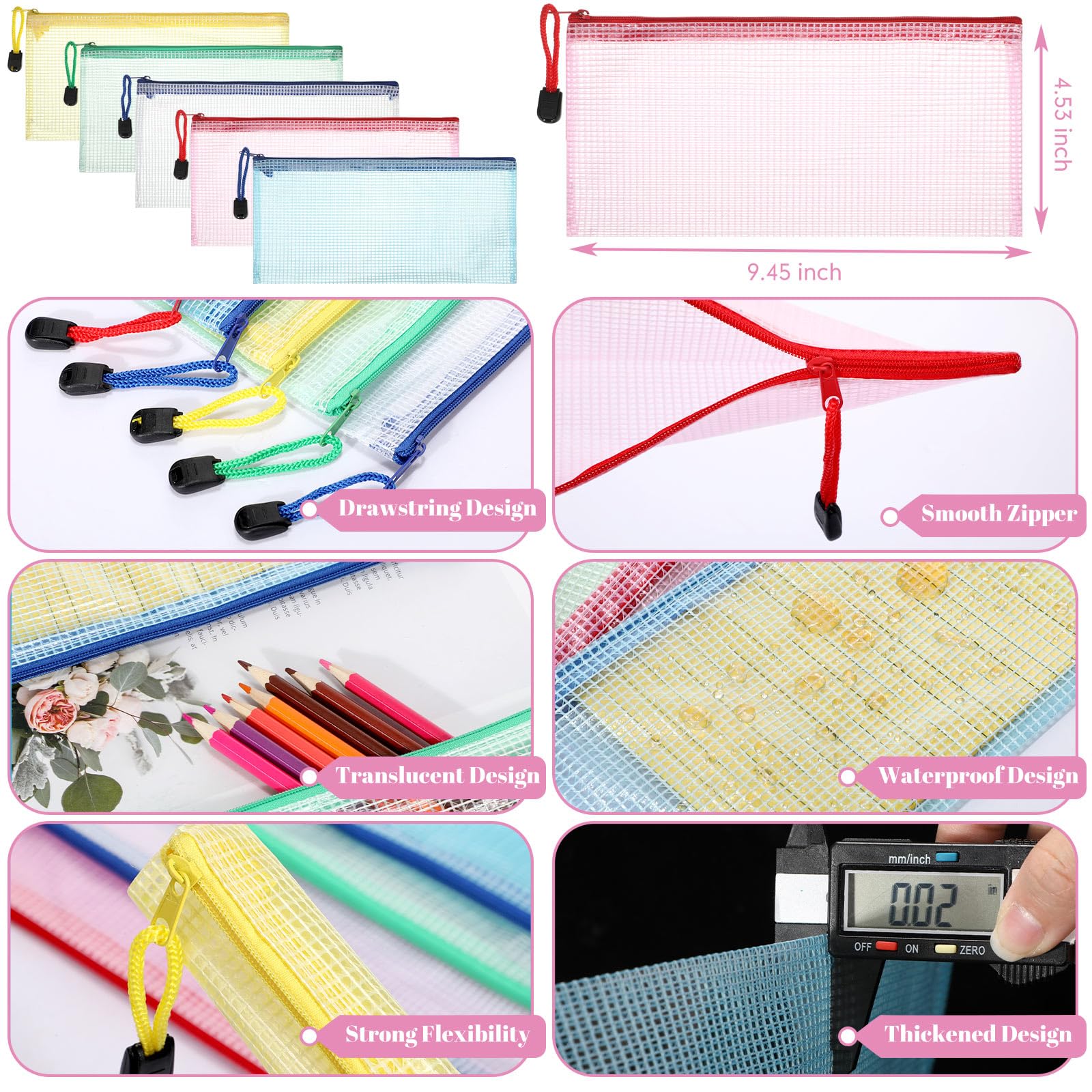 Sherr 120 Stück Netztaschen mit Reißverschluss, wasserdichte Netztaschen mit Reißverschluss, PVC-Dokumententasche, Reise-Reißverschlusstaschen, Mehrzweck-Dokumententaschen für Schule, Büro (24,1 x