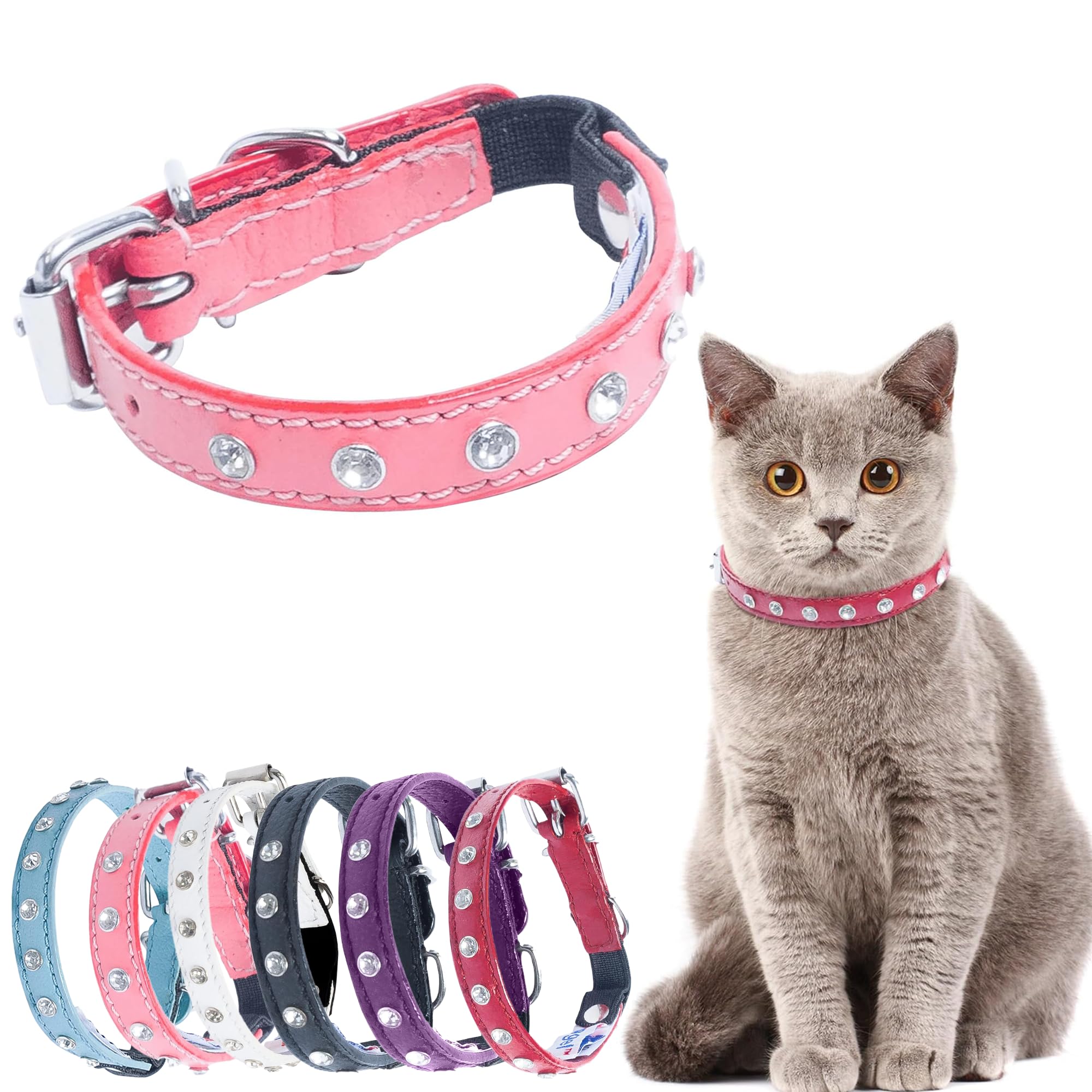 Collier pour chat cou 22 à 27 cm réglable en cuir véritable rose et strass durables