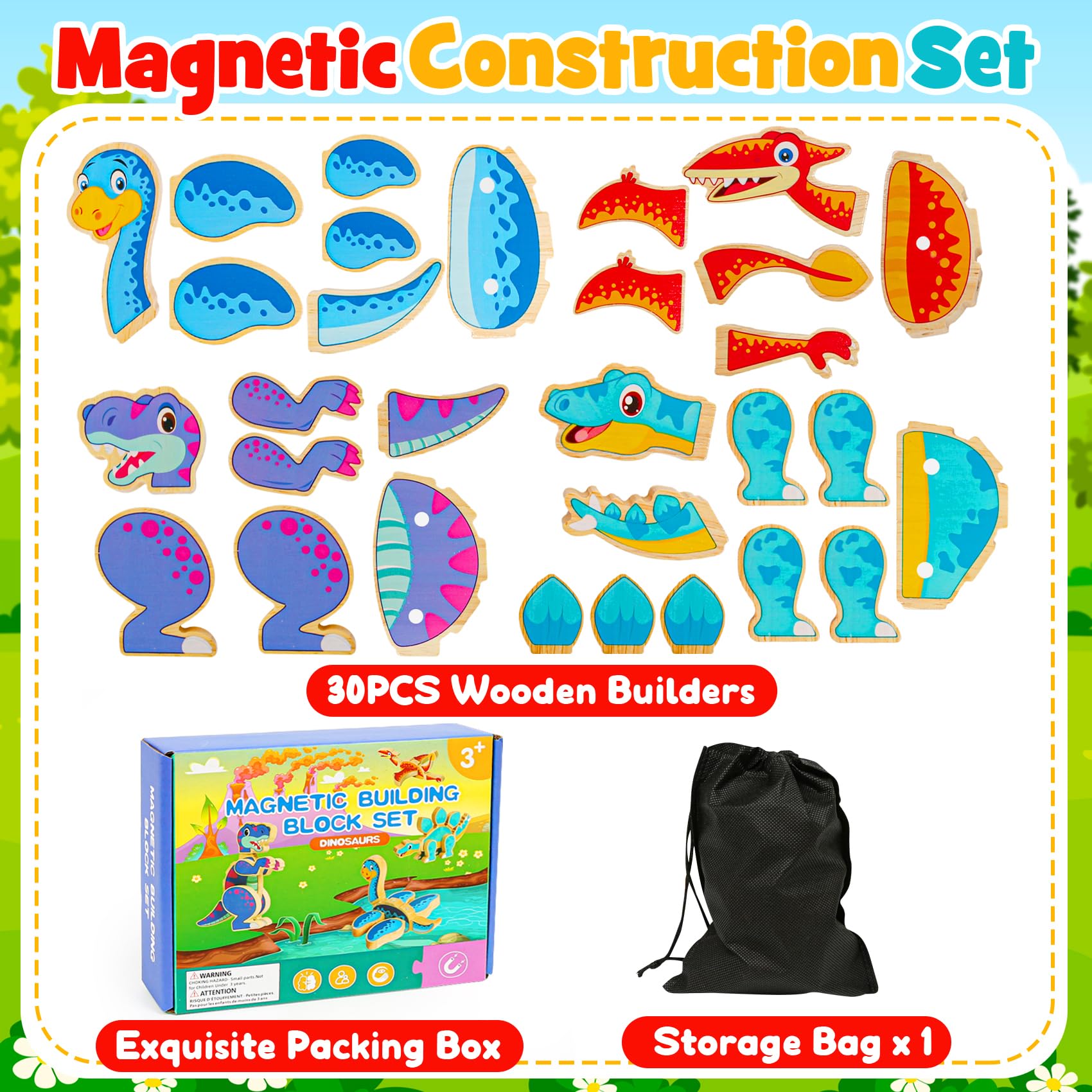 Wooden Magnetic Dinosaur Toys - Build & Learn! -7