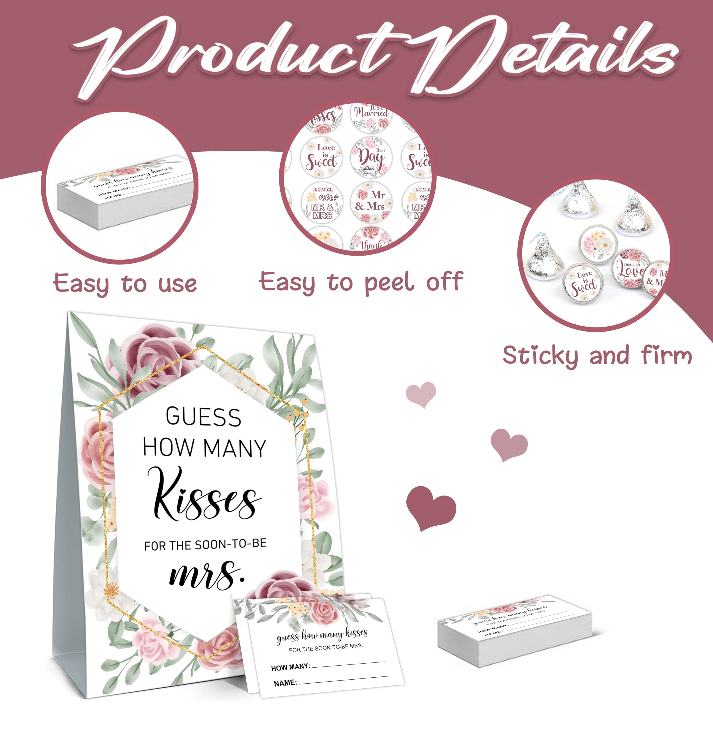 Bridal & Baby Shower 'How Many Kisses?' Game Set - 50 Guessing Cards & 180 Stickers