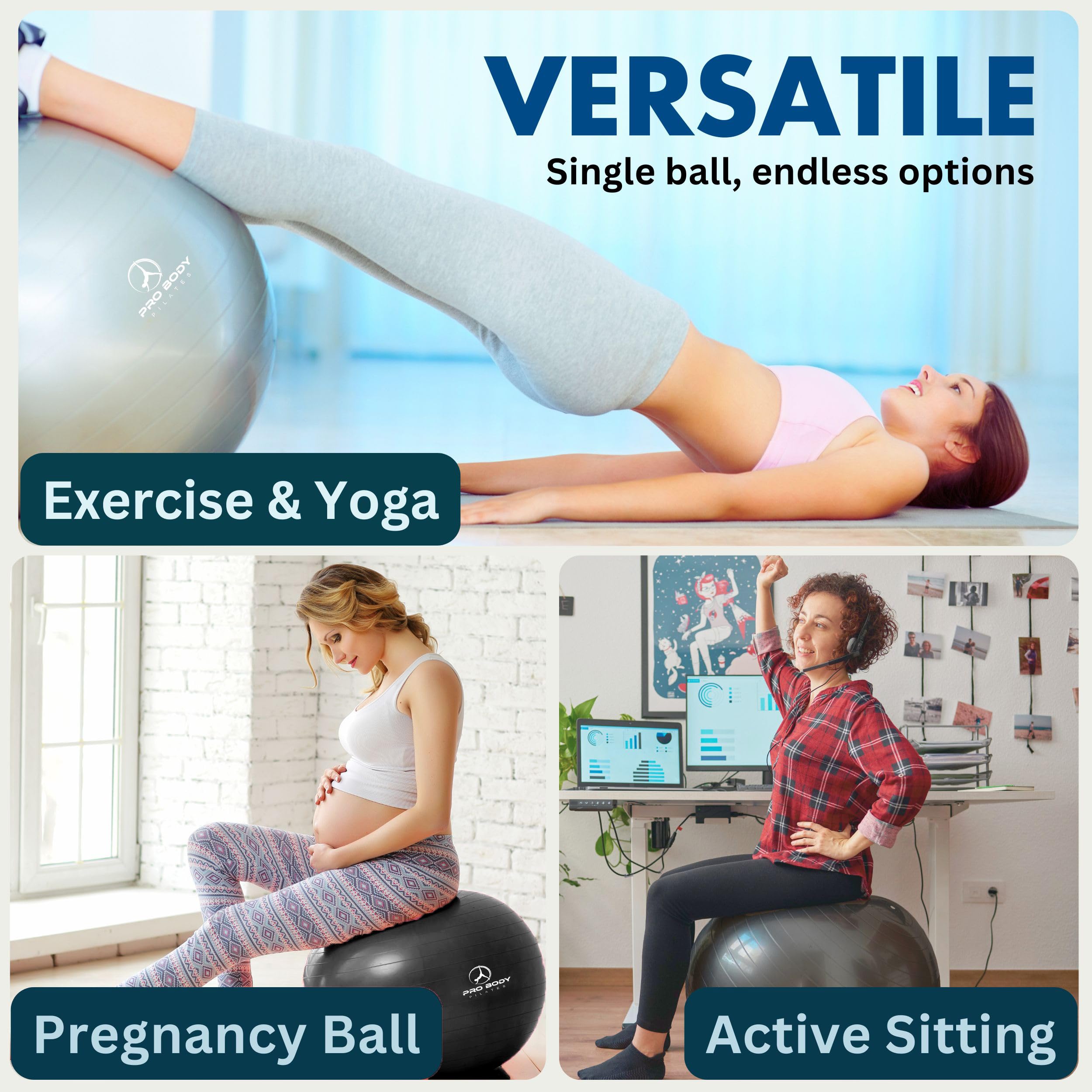 ProBody Pilates Sfera per yoga, sedia a sfera con base o supporto e fasce per casa, ufficio, scrivania, seduta o allenamento, 65 cm, per bilanciamento e stabilità, grande palla da palestra per schiena, addominali