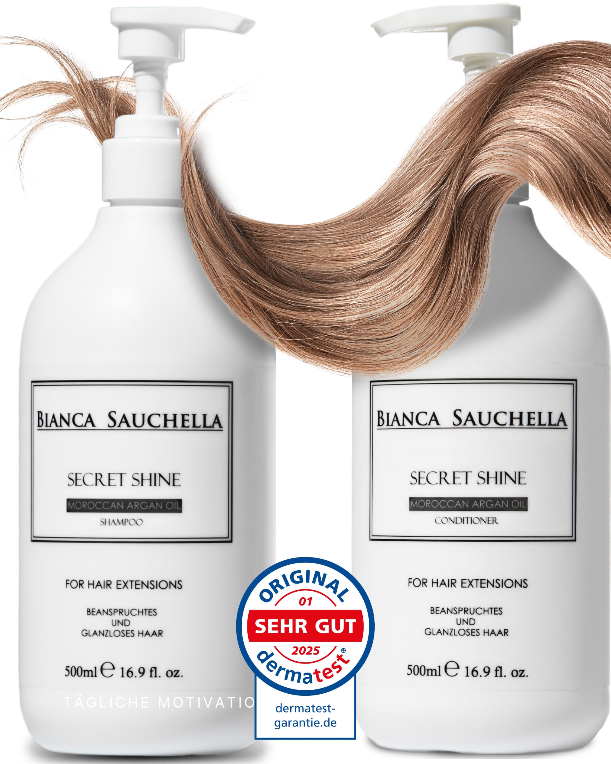 Secret Shine Arganöl Extensions Pflege Set – Shampoo & Conditioner mit Collagen & Vitamin B3 für glänzendes, kräftiges Haar & gepflegte Echthaar-Extensions,Parabenfrei 2×500 ml