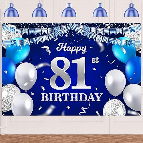 Vista 358 de Cartel de feliz cumpleaños número 33, globos azul marino, confeti, bandera a rayas, puntos de luz, saludos a 33 años, decoración temática