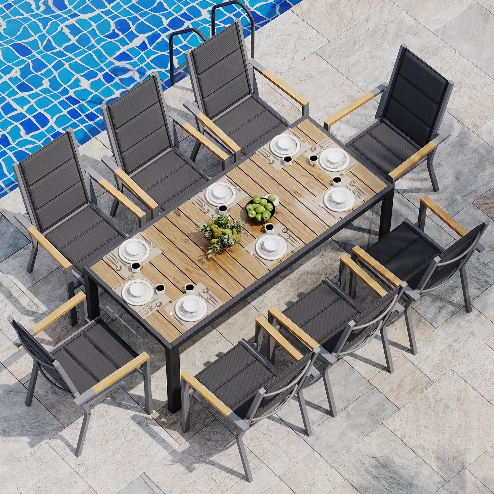 JUMMICO Ensemble de mobilier de Jardin 4 Places, Structure Aluminium Aspect Bois, Plateau PS, chaises Confortables à Haut Dossier, Facile à Assembler