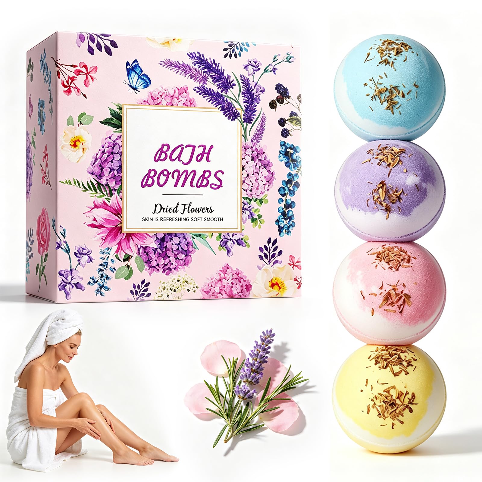 Coffret Bombe de Bain 4 Pièces Parfumées aux Fleurs Séchées