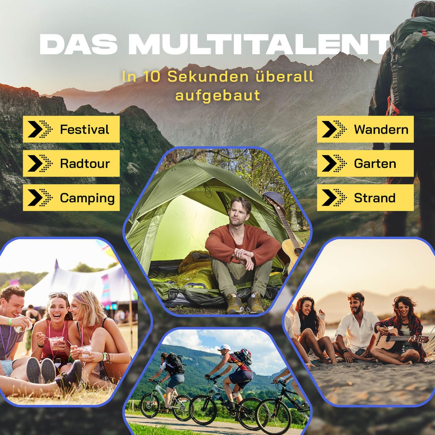 Lumaland Camping Zelt | Leichtes Pop Up Wurfzelt | 2-3 Personen Kuppelzelt | Trekking & Festival Igluzelt | Sekundenzelt Wasserdicht 210x190x110cm | Ideal auch als Strand Wind- & Sonnenschutz