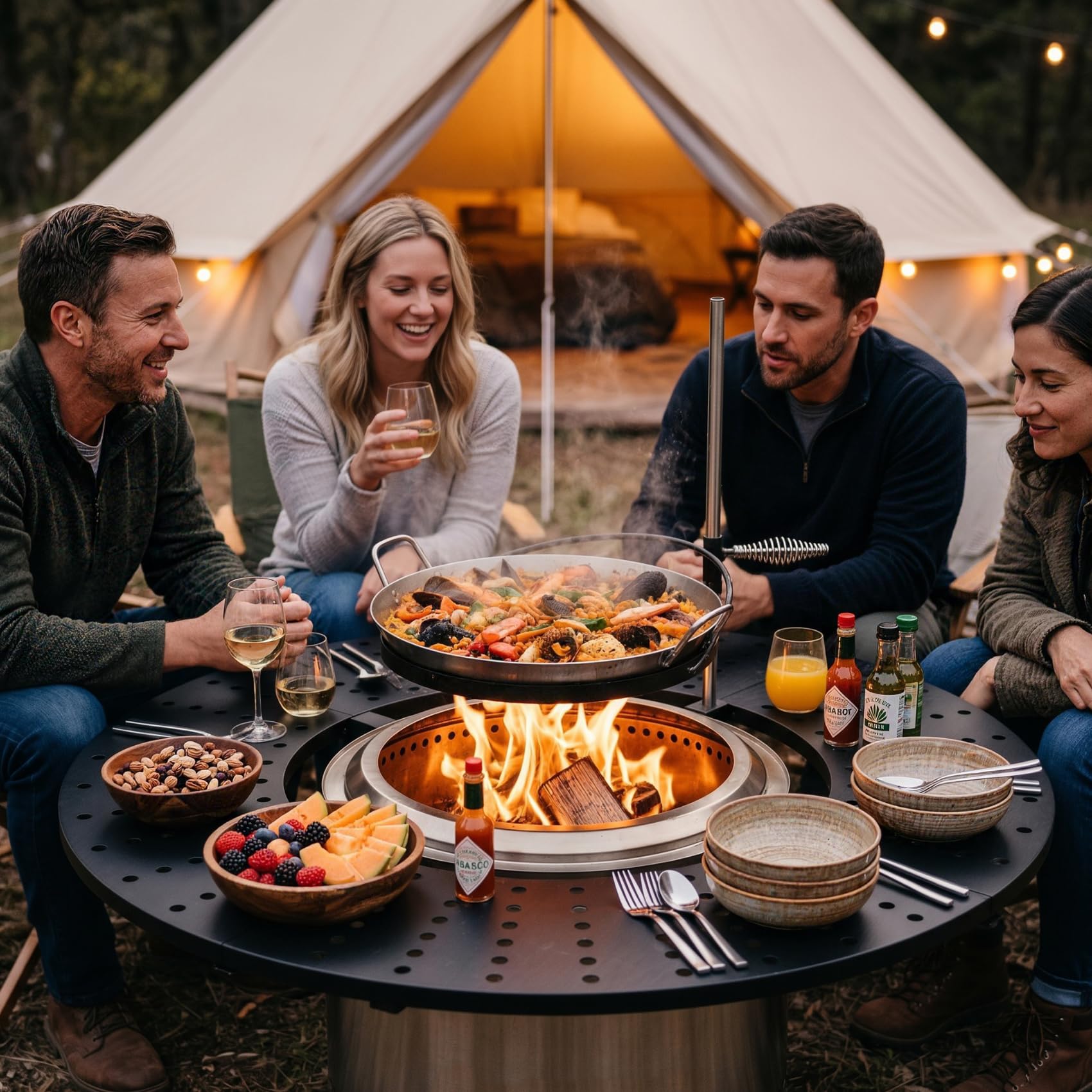 onlyfire 3-in-1 Feuerstelle Surround Tischplatte für Solo Stove Bonfire 49,5cm, Höhenverstellbar & 360° Schwenkbar, Abnehmbar Runde Feuerstellentisch mit Grillrost & Pfanne für Getränke und Speisen