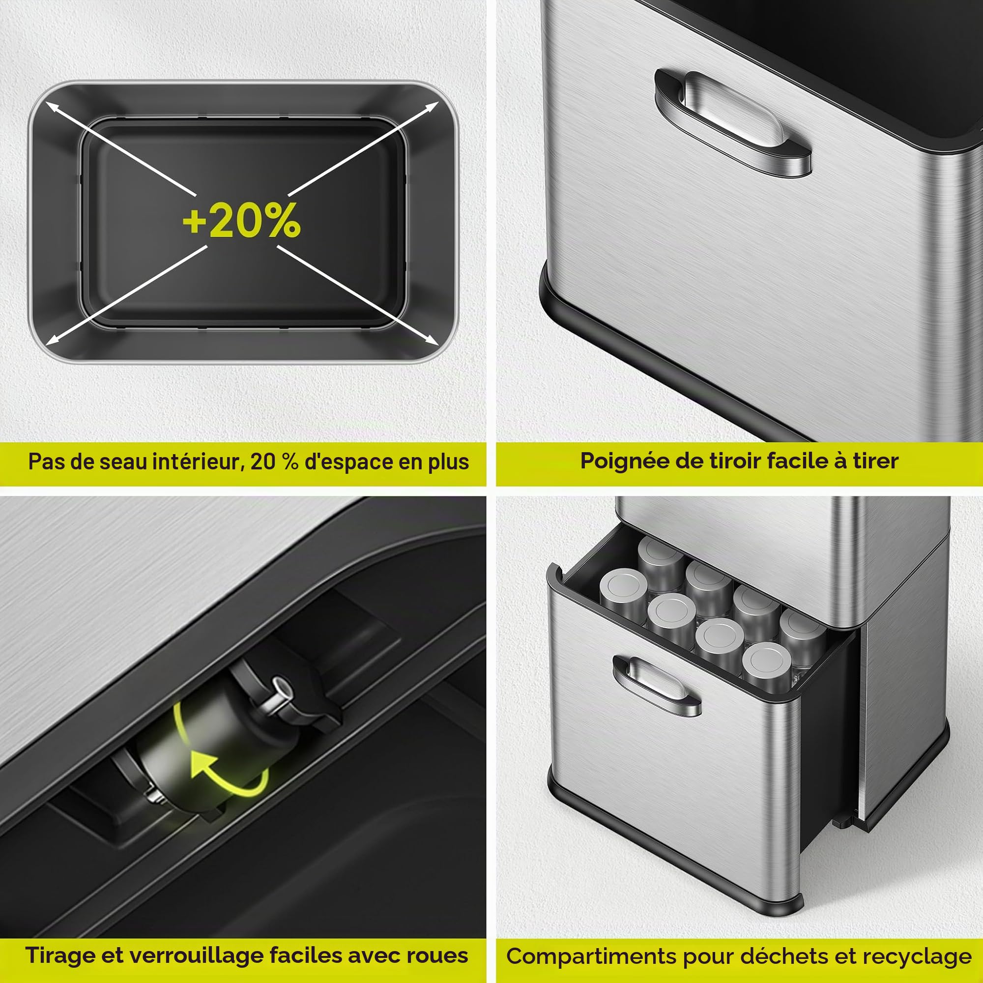EKO Poubelle de cuisine vintage avec détecteur de mouvement, double compartiment de 32 L + 18 L, en acier inoxydable, sans contact, poubelle de recyclage automatique avec couvercle pour la maison ou