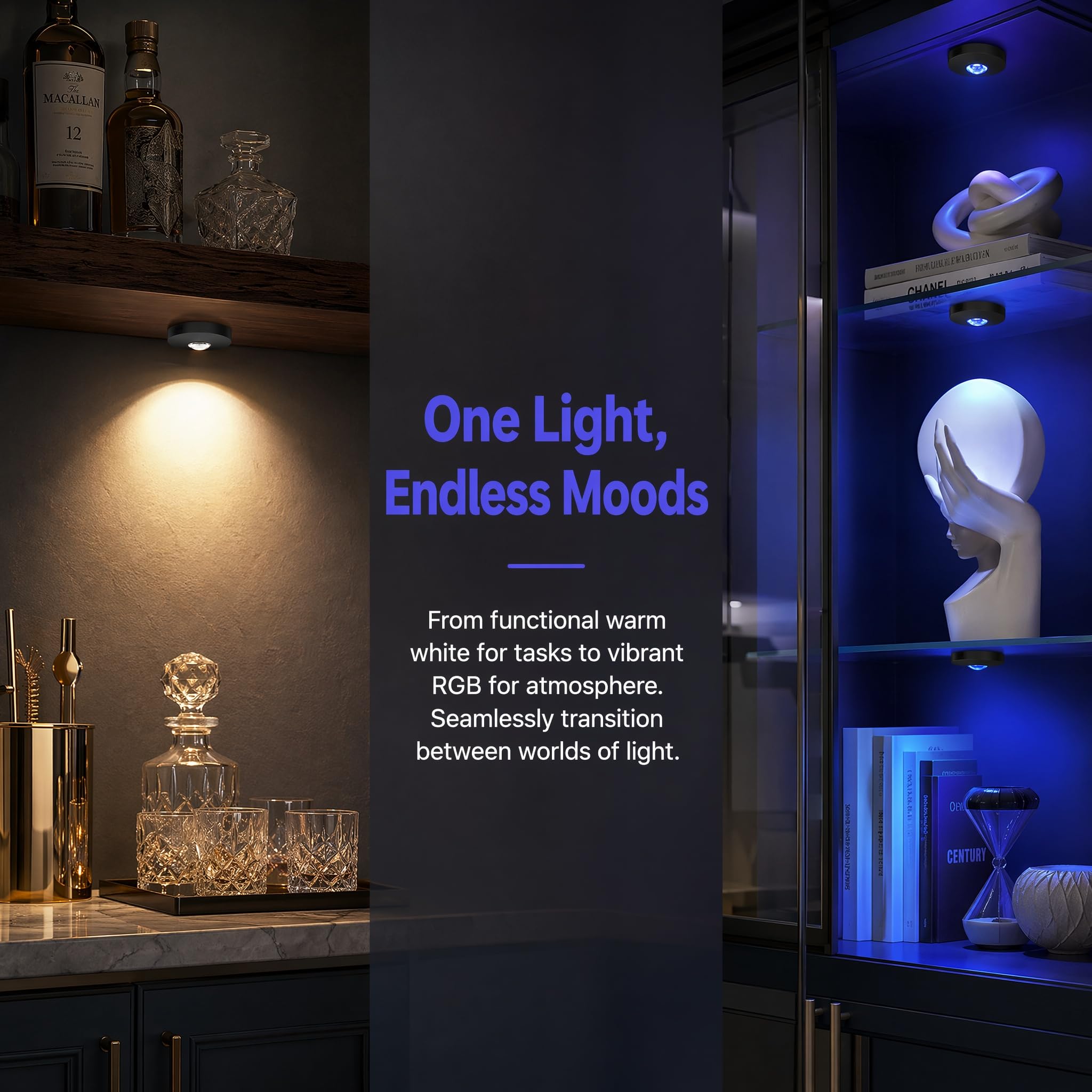 Luci magnetiche ricaricabili a disco, illuminazione RGB sotto armadio con telecomando e controllo touch, dimmerabili/3 temperature di colore/temporizzazione, luci adesive wireless per mensole