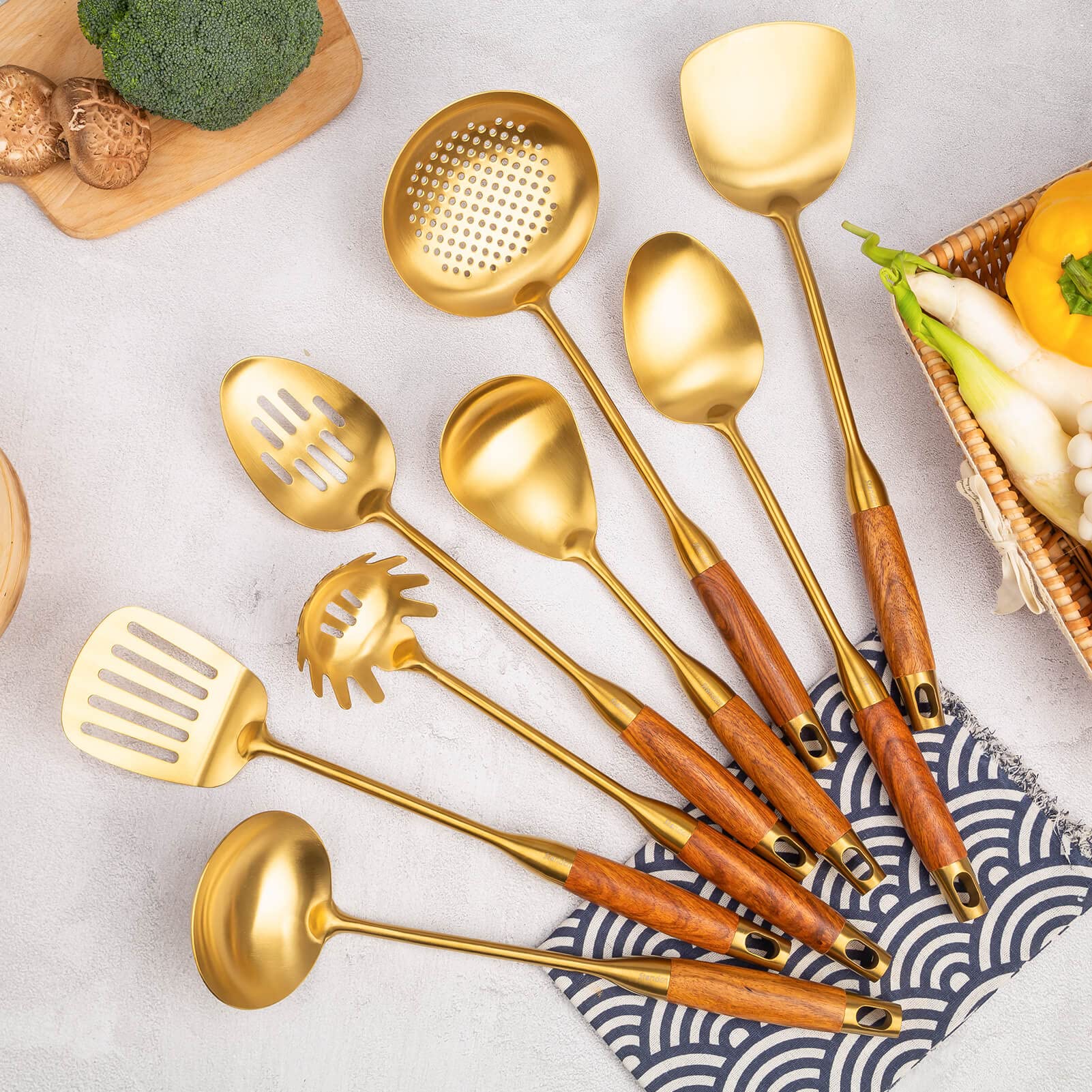 Gold Kitchen Utensils Set with Wooden Handle, 8 PCS Brass Stainless