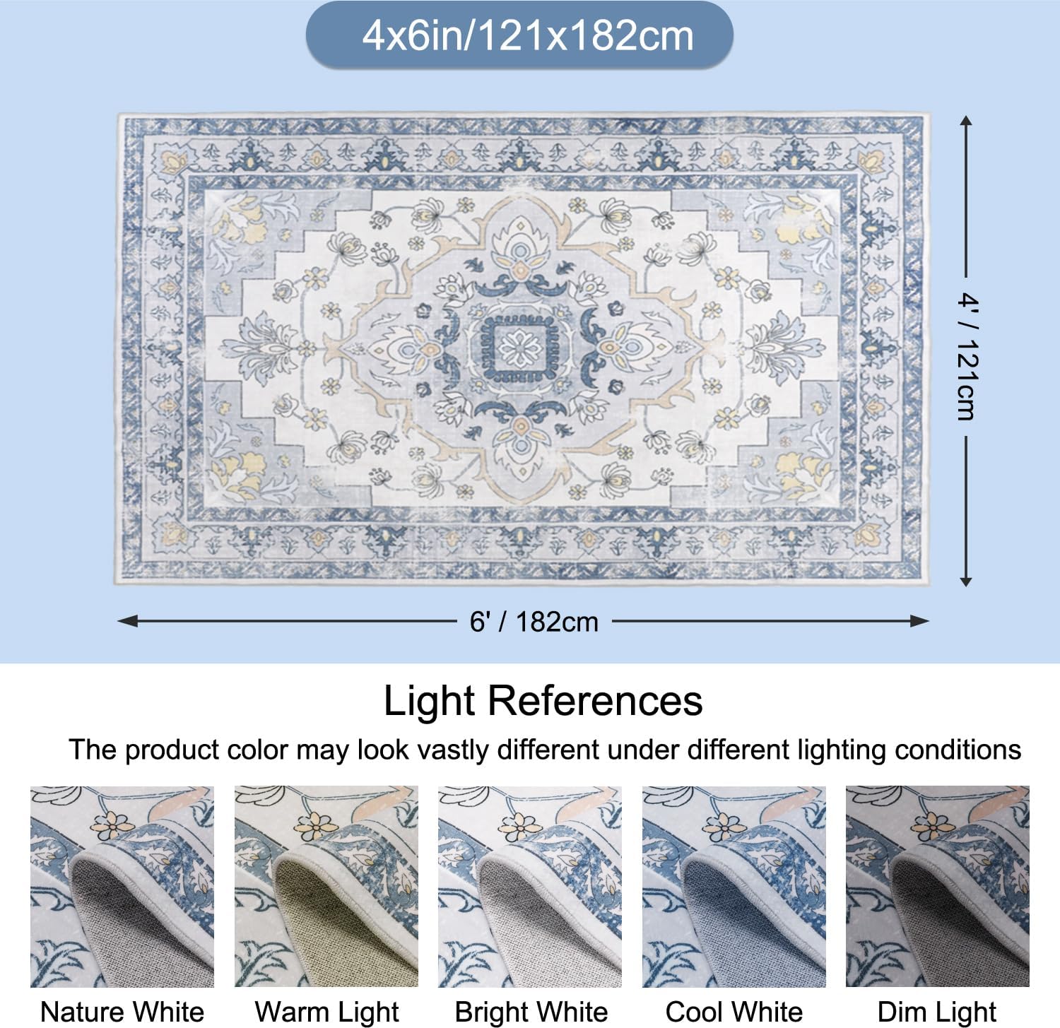 MOSISO 4x6 Area Rug for Living Room, Washable Area Rug, Non-Slip Vintage National Area Rugs, Low Pile Carpet, Faux Wool Rectangular Area Rugs Carpet for Living Room Bedroom Dining Room, Home, Blue